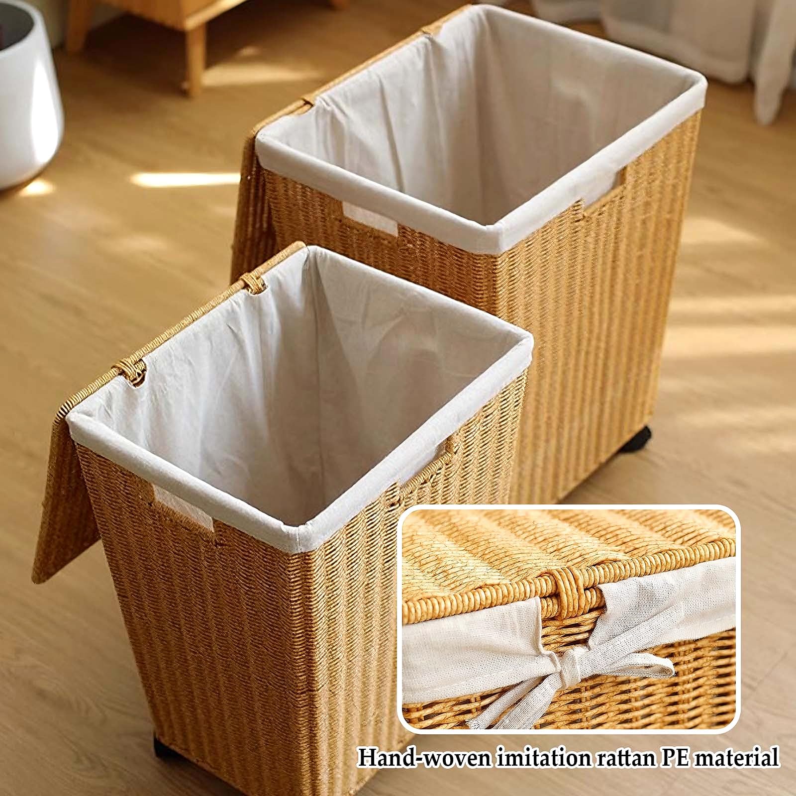 Cesto portabiancheria con ruote e coperchio, cestino intrecciato in finto rattan per soggiorno, bagno, camera da letto e balcone, facile da spostare e organizzare