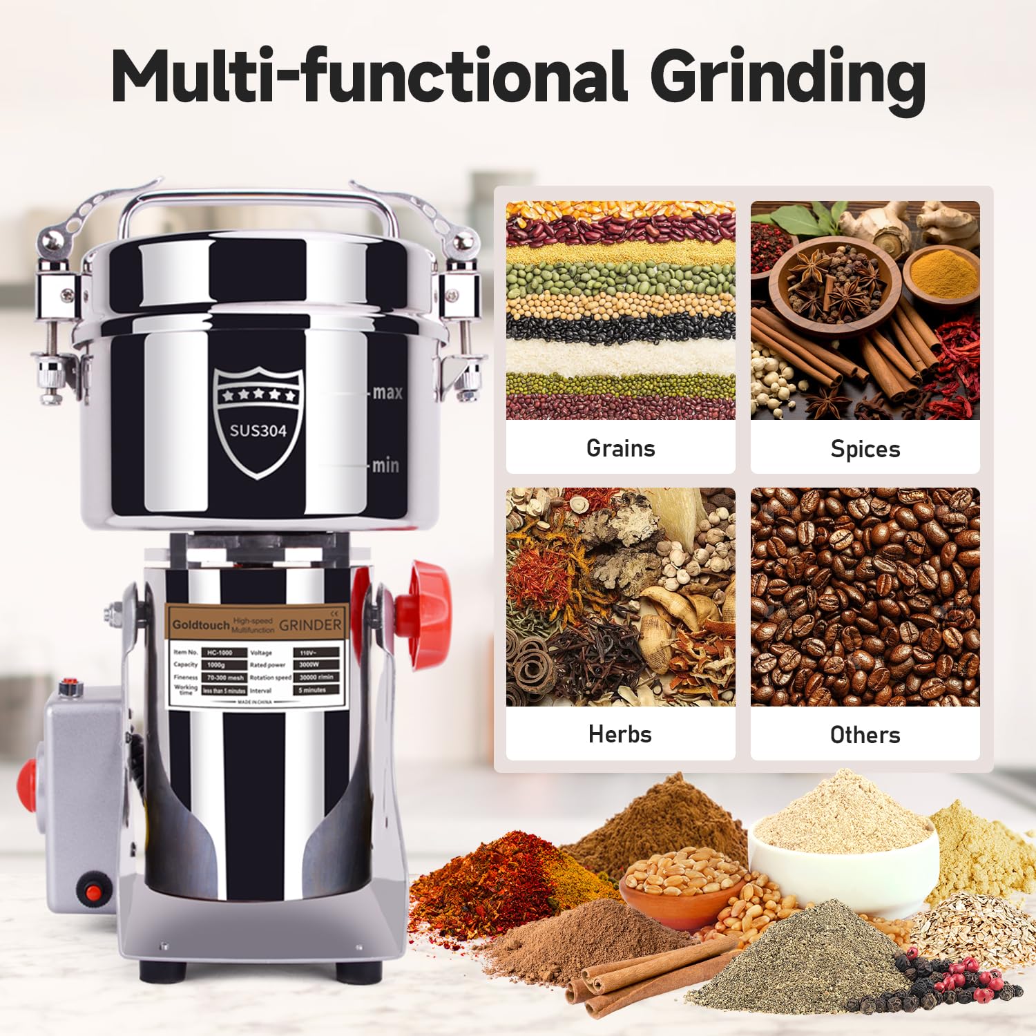 Goldtouch GetreidemüHle Elektrische 1000g 3000W Electric Grain Mill 30000U/min 304 Edelstahl Kommerzieller Motor mit Überlastschutz,70-300 Mesh Mehlmühle,Kornmühle für Reis,Sonnenblumenkerne,Zimt,Mais