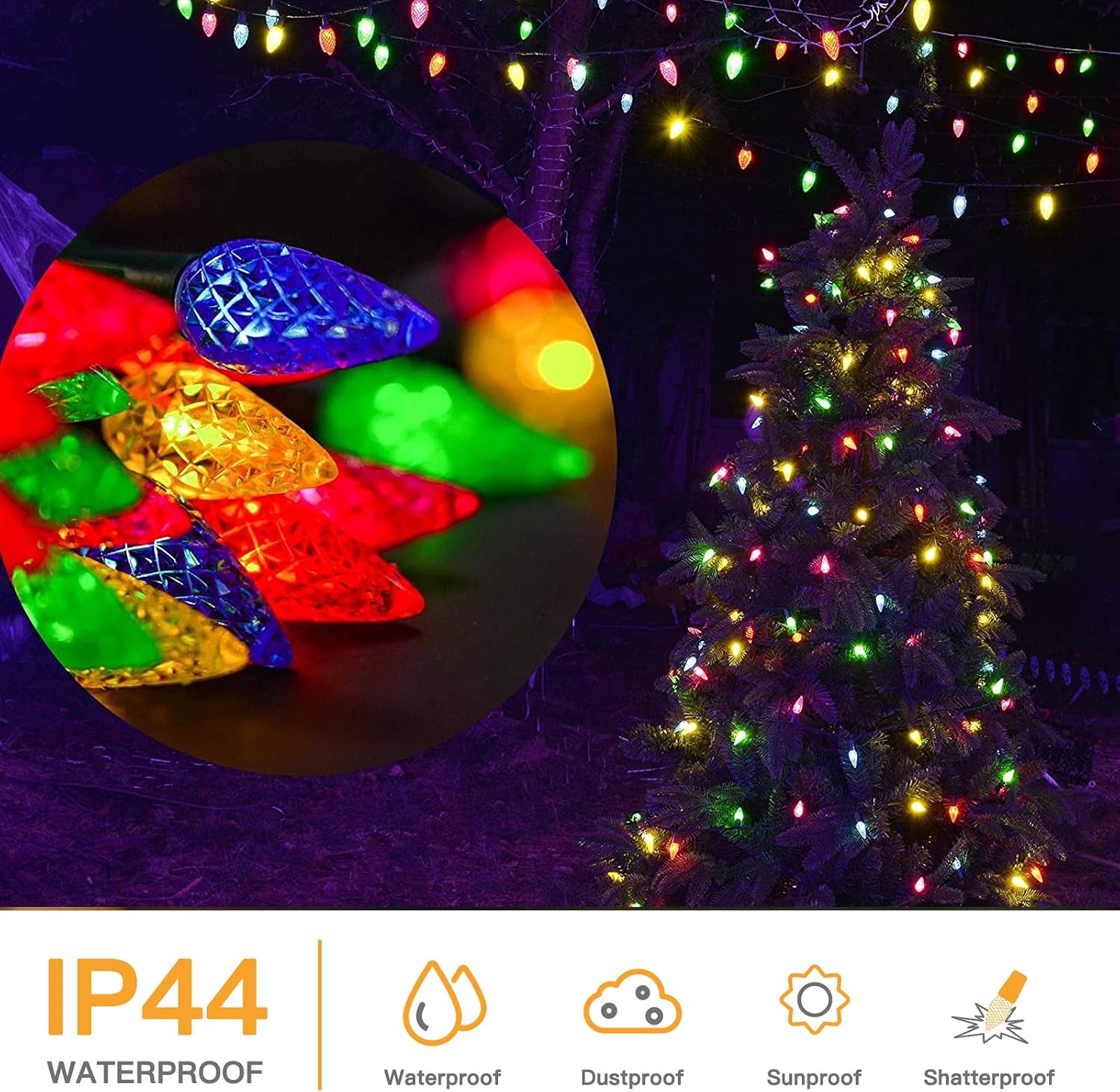 Marchpower C6 Christmas Lights,2-Pack Waterproof Outdoor Indoor String Lights,70LED 23FT Durable Fairy Light Plug in Connectable Strawberry Light for Party Garden Trees Home Roofs Decorate, Multicolor