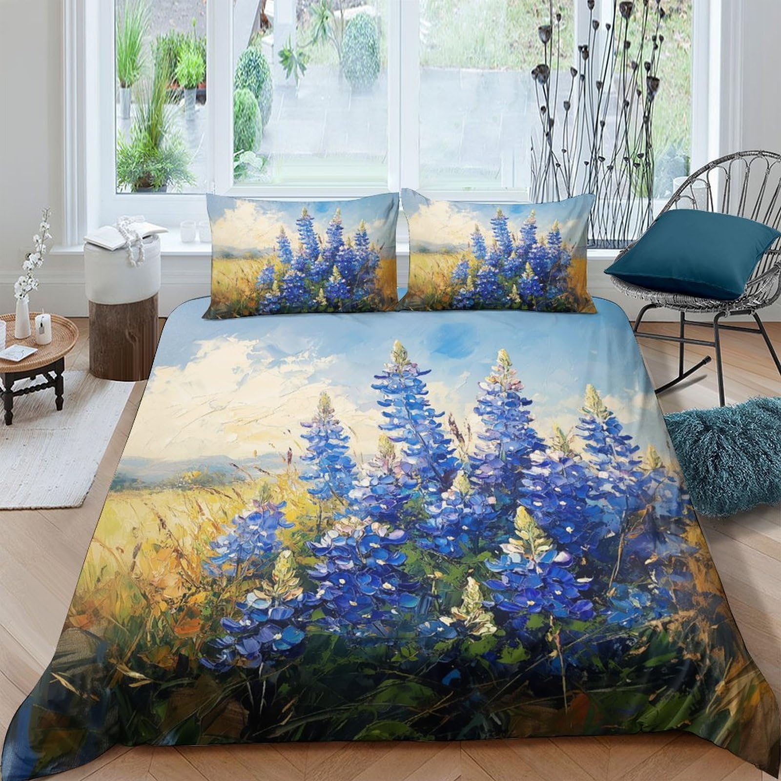 GPLZQXKJNH 3D Printed Blue Wildflower Duvet Cover Set Microfiber Soft Breathable Meadow Floral Bedding with 2 Pillowcases for Bedroom Décor Single（135x200cm）
