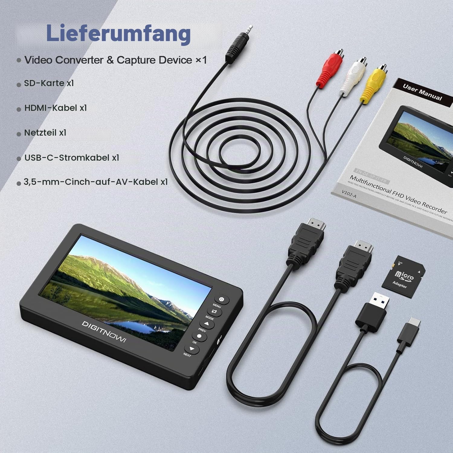 VHS zu Digital Konverter, HD Video Grabber, 1080P 60FPS Video zu Digital Converter, Aufnehmen von Video und Audio von VCR, VHS, Hi8, DVD, Camcorder (Schwarz Mini DV Abspielgerät)