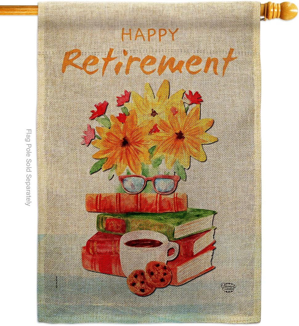 Retirement Activites Burlap House Flag Celebration Happy Retired Veteran Congratulations Occasion Anniversary Party Small Decorative Gift Yard Banner Double-Sided Made In USA 28 X 40