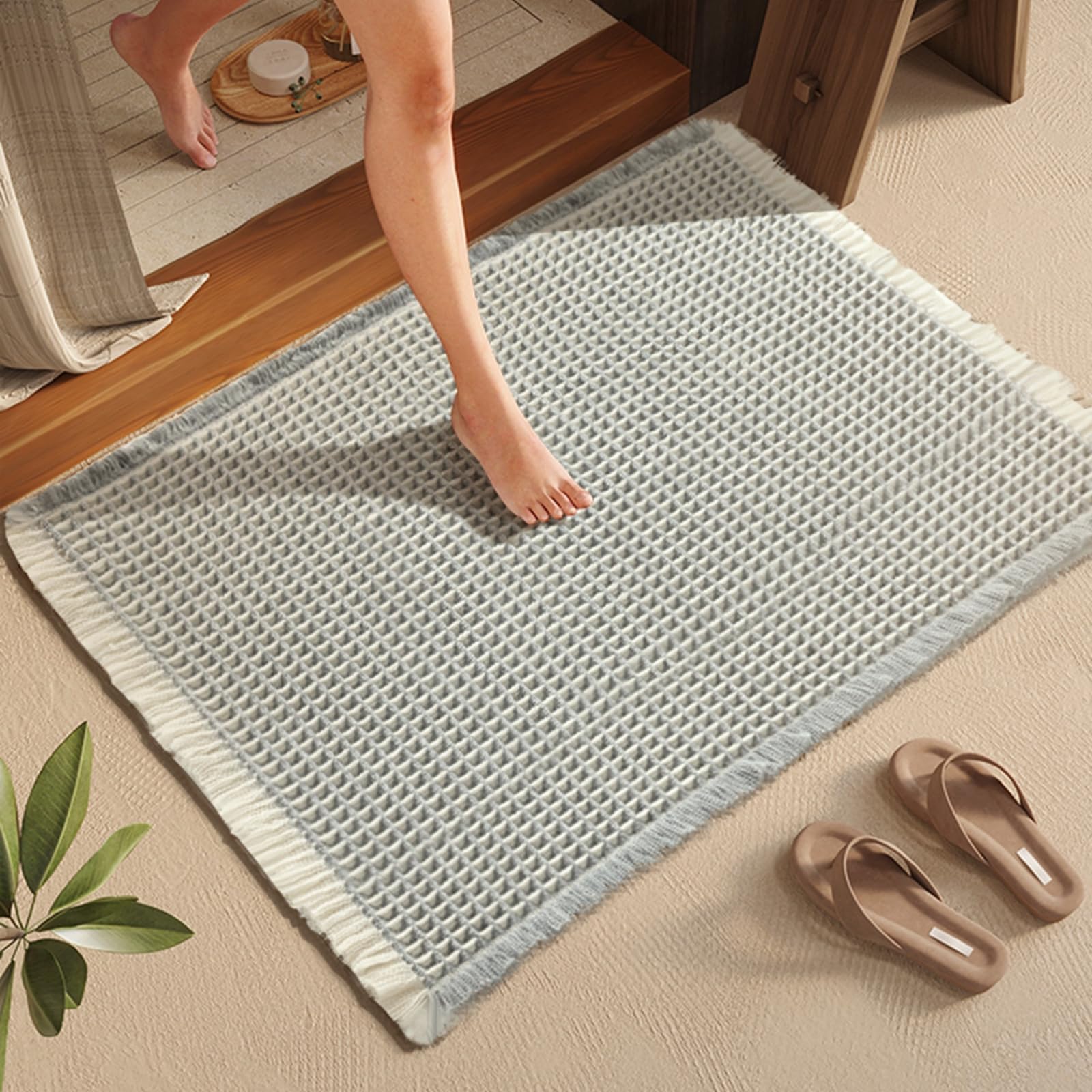 Waffle Bath Mat Non Slip Anti Mould, 50*80 cm Super Absorbent Bathroom Mat, Quick Dry Bathroom Rug Machine Washable Rubber Backed Bath Rugs for Living Room Bathroom Doormat (White, 50*80 cm)