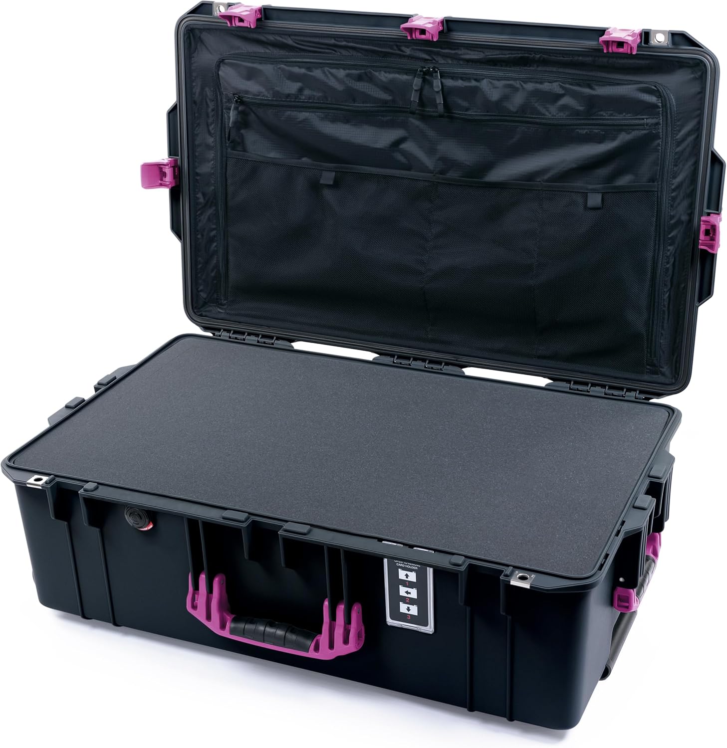 ColorCase Pelican 1595 Case Black - Large Sized Waterproof Case with Pick & Pluck Foam & Combo Pouch Lid Organizer- Magenta Handles & Latches