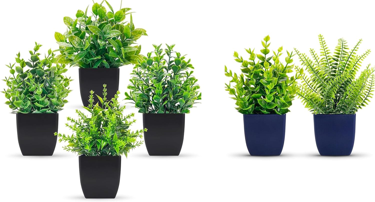 Der Rose Bundle of 2 Pack Fake Plants in Blue Pots and Set of 4 Pack Small Fake Plants Faux Plants Indoor for Bathroom Farmhouse Room Table Decor
