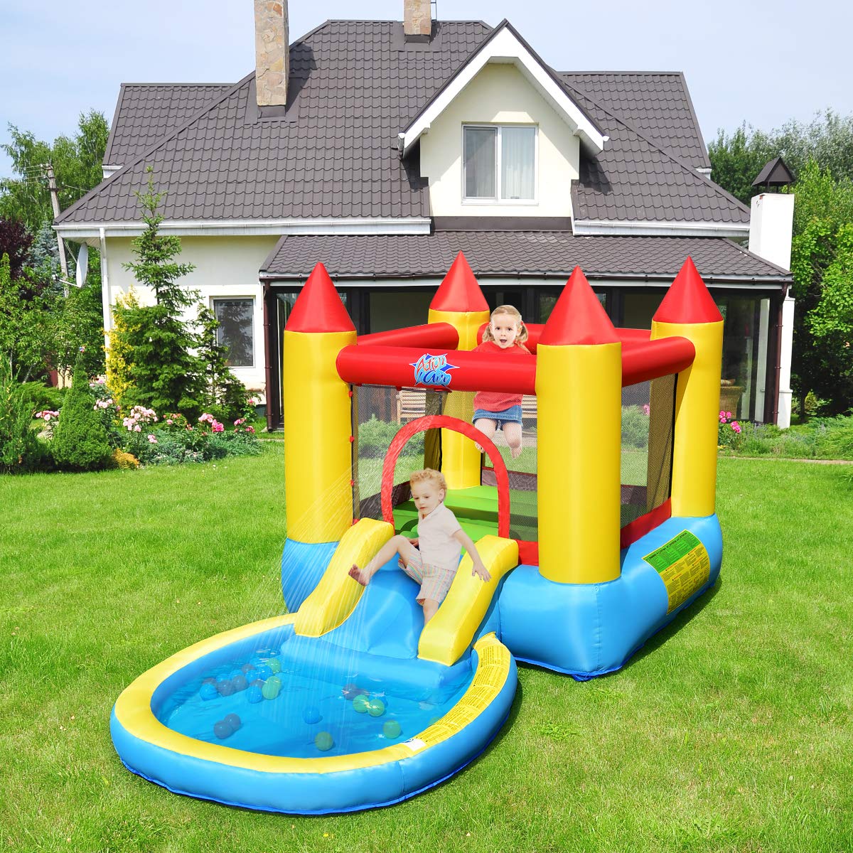 GLACER Inflatable Bounce Jumper House, Kids Water Slide Jumping Bouncer w/Splash Pool, 30 Ocean Balls, Protective Mesh Wall, Safe Durable Sewing Indoor Outdoor, 3-5 Years Old (with 580W Air Blower)