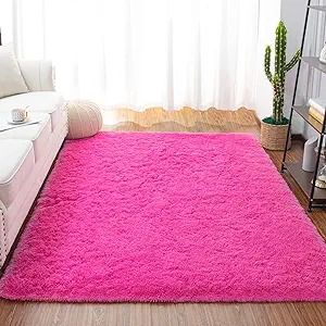 junovo Ultra Soft Area Rugs 3x5 Feet Fluffy Carpets for Bedroom Kids Girls Boys Baby Living Room Shaggy Floor Nursery Rug Home Decor Mats, Hot-Pink
