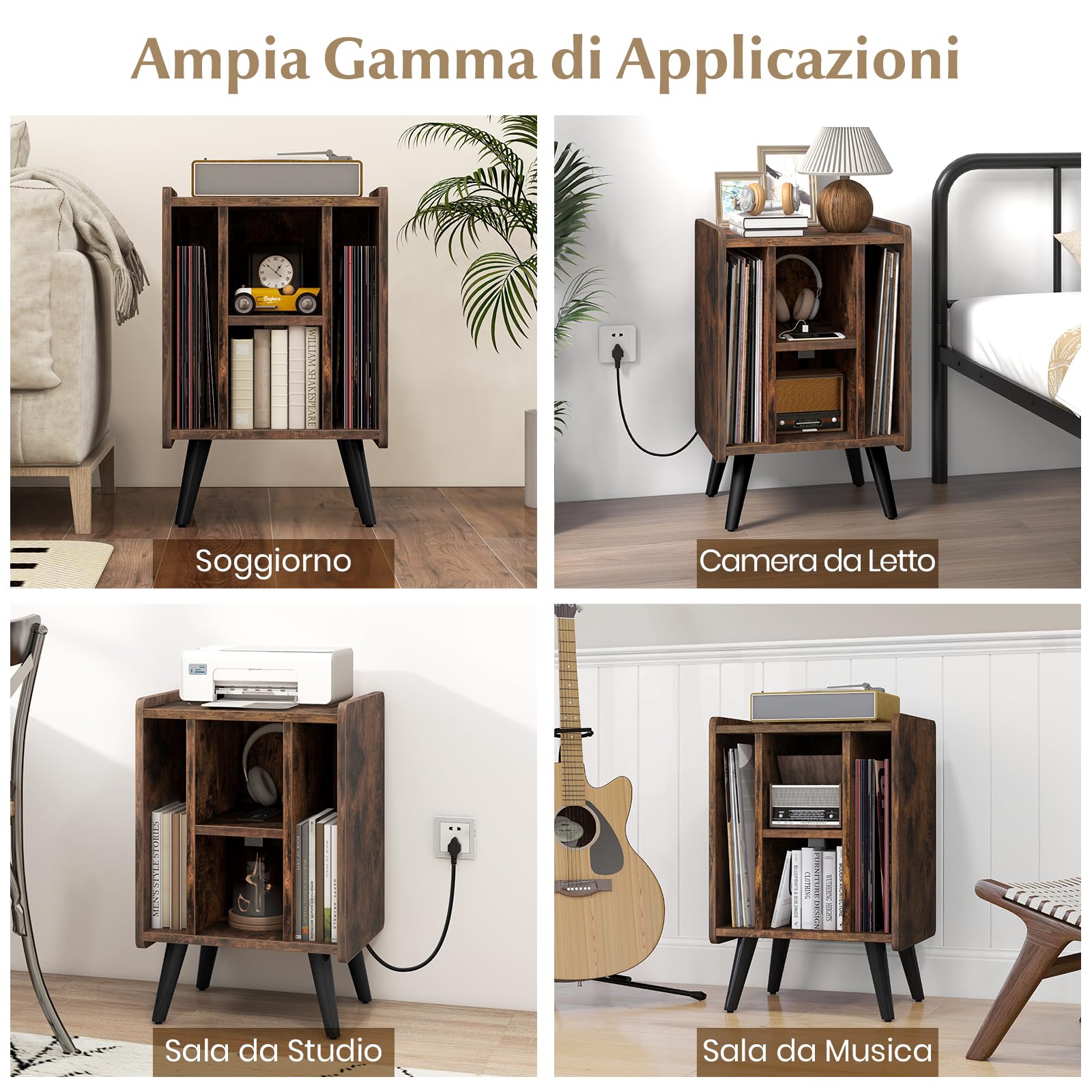 RELAX4LIFE Supporto per Giradischi con Stazione di Ricarica, Porta Vinili con 4 Scomparti Aperti, Espositore per Dischi, Carico Max 90kg per Ufficio, Studio, Camera da Letto (Marrone)