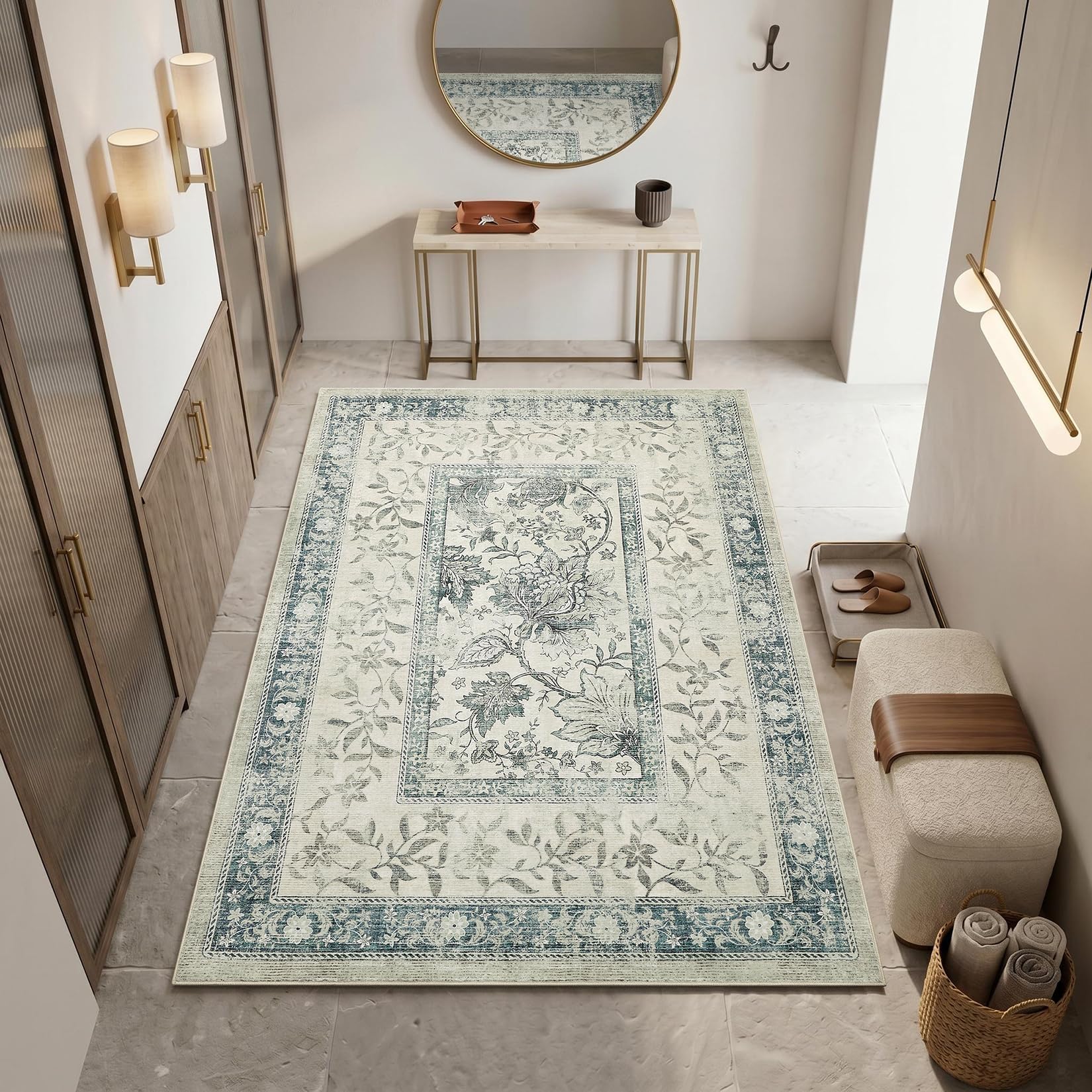 FairyStyle Vintage Floral Bordered Blue 120 x 170 cm Washable Area Rug, Low-Pile Faux Cashmere Rug with Non-Slip TPR Backing for Bedroom, Living Room, Home Office and Nursery