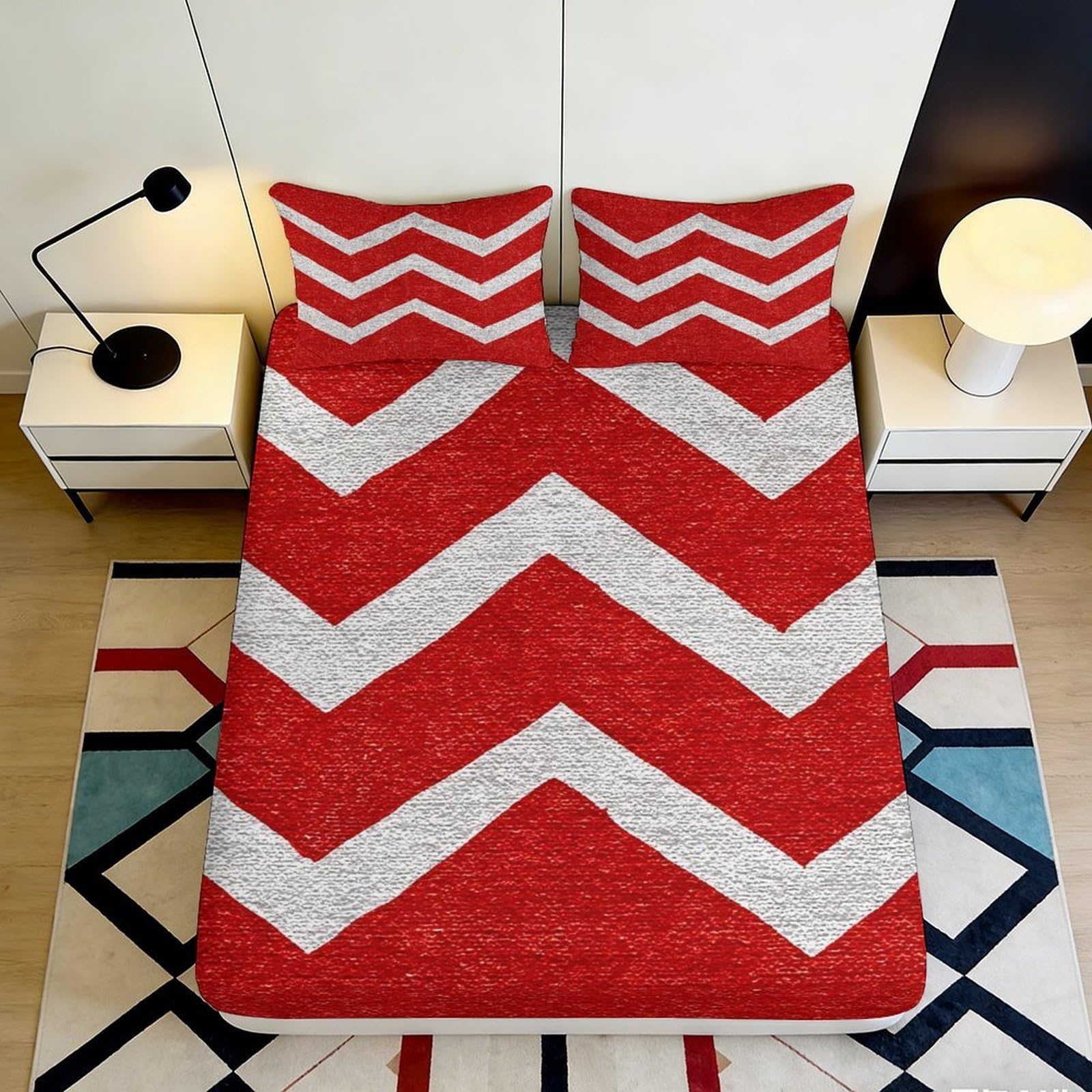 3D Printed Red Chevron Fitted Sheet Microfiber Soft Washable White Zigzag Mattress Cover for Bedroom Dorm Decor 90x200x25cm
