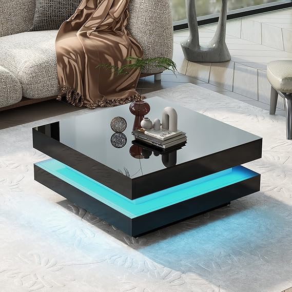 Square Coffee Table, Modern High Gloss Black Coffee Table
