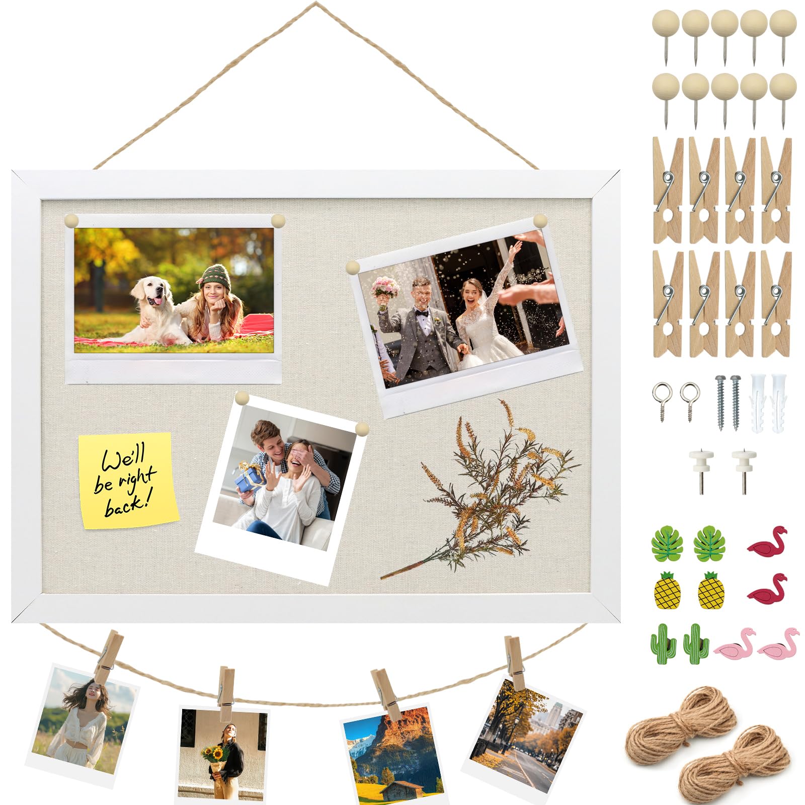 White Bulletin Boards Cork Board 30 x 40 cm, Wood Framed Bulletin Notice Board with 10 Pushpins, Hanging Vision Board for Home Office School, Notes, Jewelry Display