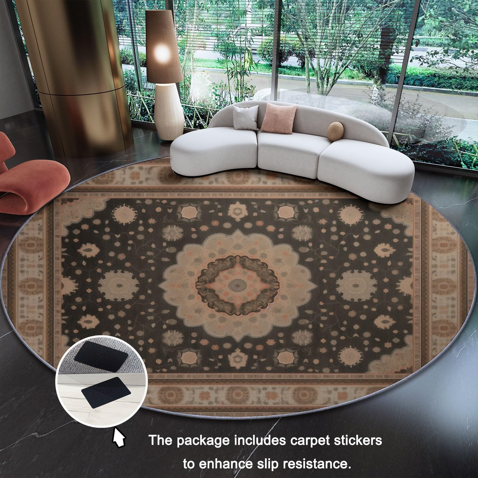 Nero Marrone Tappeto Rotondo Salotto, 120 cm Etnico Effetto Consumato Geometrico Floreale Stampa Morbido Tappetini Antiscivolo Tappeto per Bambini Cameretta Cucina Casa Zona Balcone Tappet Tavolino