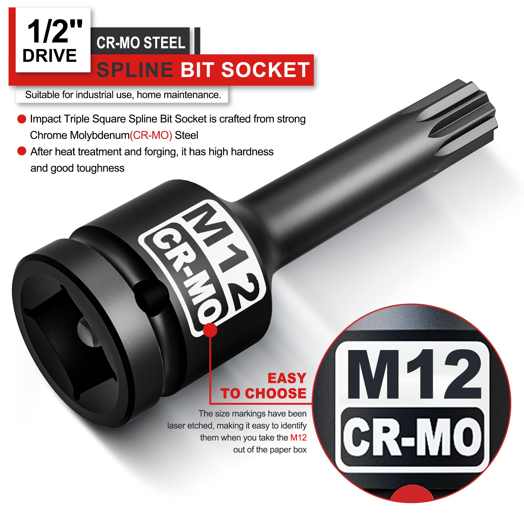 KIRXST Impact Triple Square Spline Bit Socket, 1/2" Drive M12 Spline Bit Socket, CR-MO Steel, 1/2" M12 Deep - Image 2