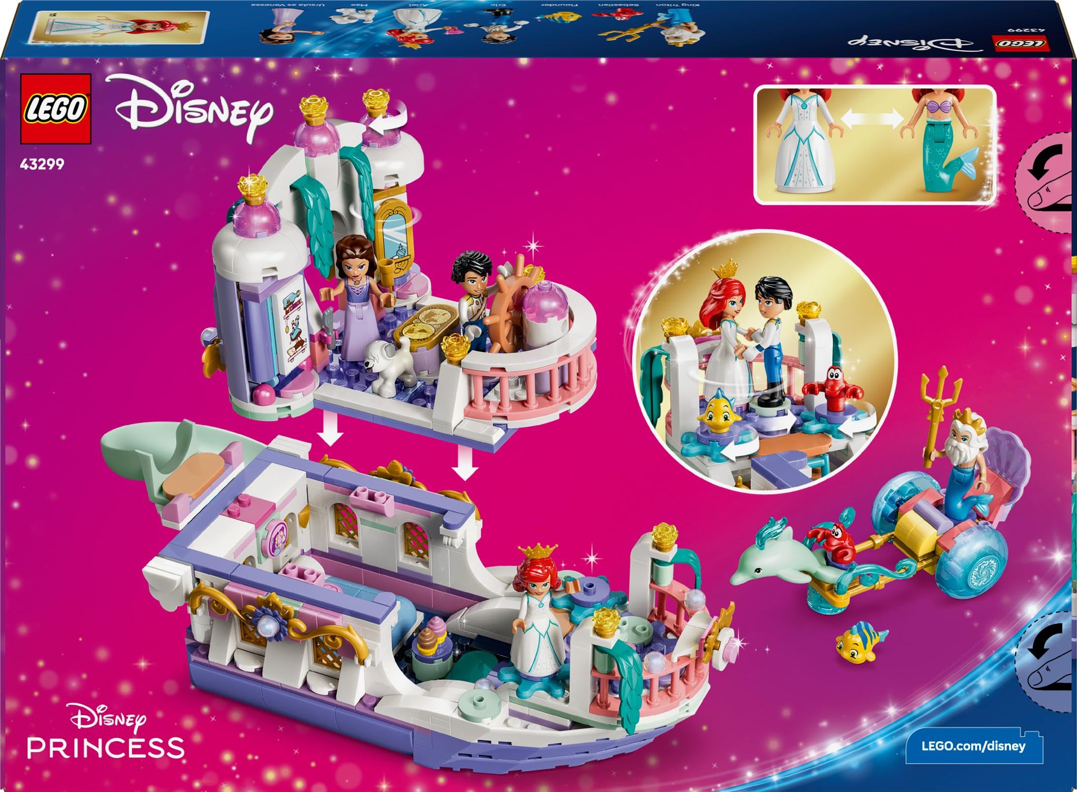 LEGO | Princesas Disney Barco de la Boda Real de Ariel – Juguete de La Sirenita con 7 Figuras Inc. Ariel y Sebastián – Decoración del Dormitorio – Regalo para Niñas de 6+ Años y Fans – 43299
