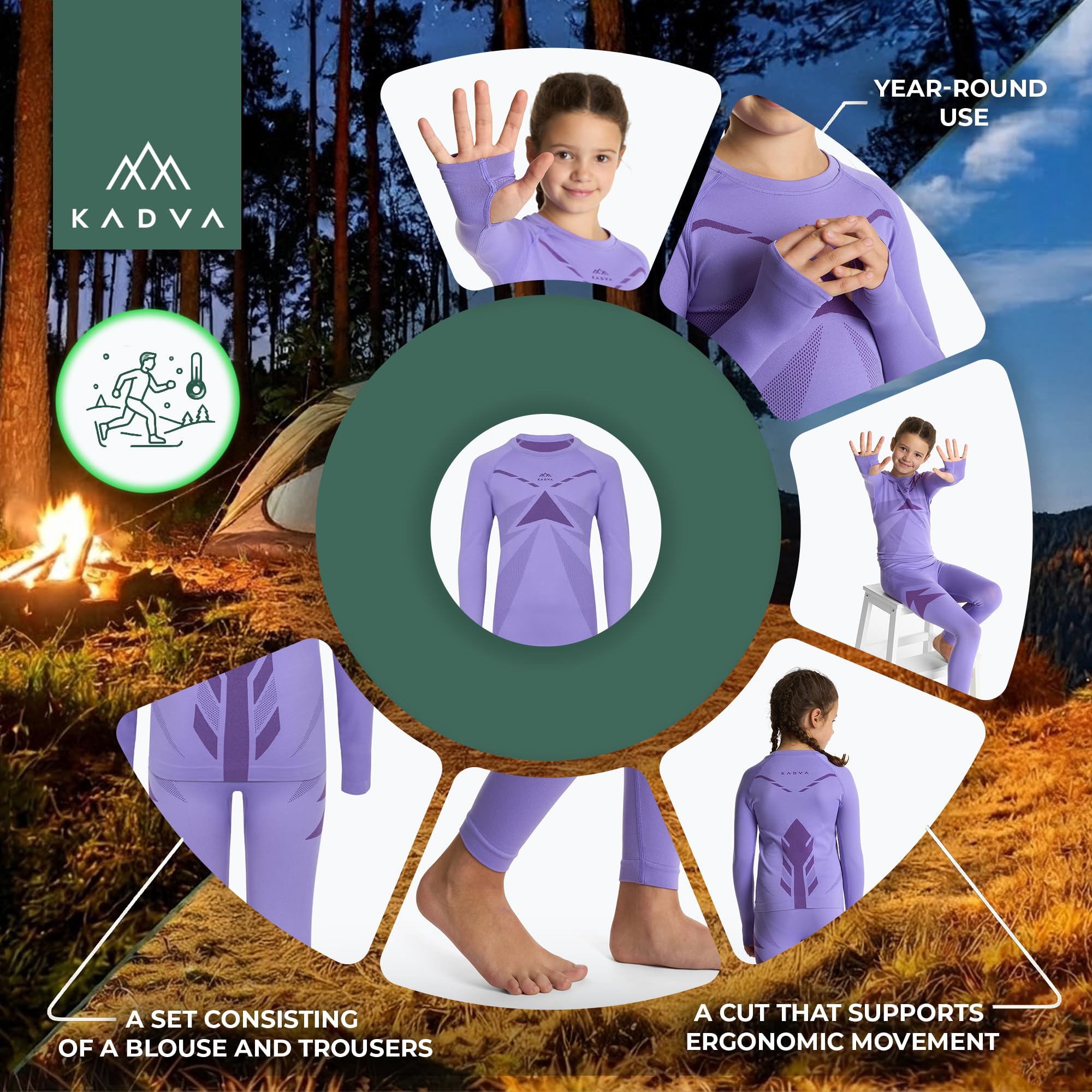 KADVA – Completo Intimo Termico Bambino – AlpineStep Thermo Light Plus Base Layer Viola con Maglia Maniche Lunghe Senza Cuciture e Leggings per Il Freddo