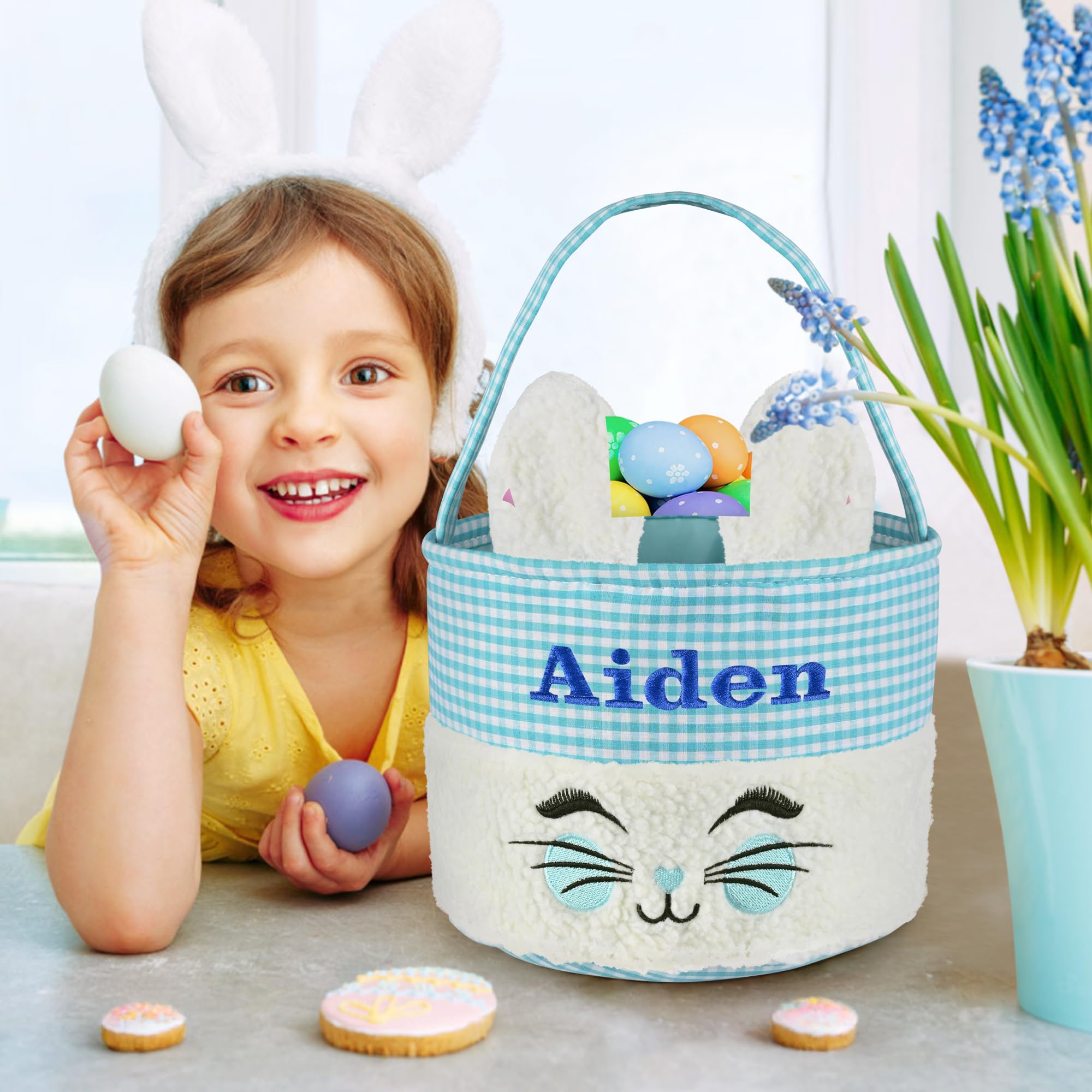 Easter Basket - VIAKDEM Easter Baskets for Kids - Easter Basket with Name - Bunny Easter Basket - Personalized Easter Baskets for Boys, Girls, Toddler, Babies, Infant - Smile Bunny Ear Plaid Blue