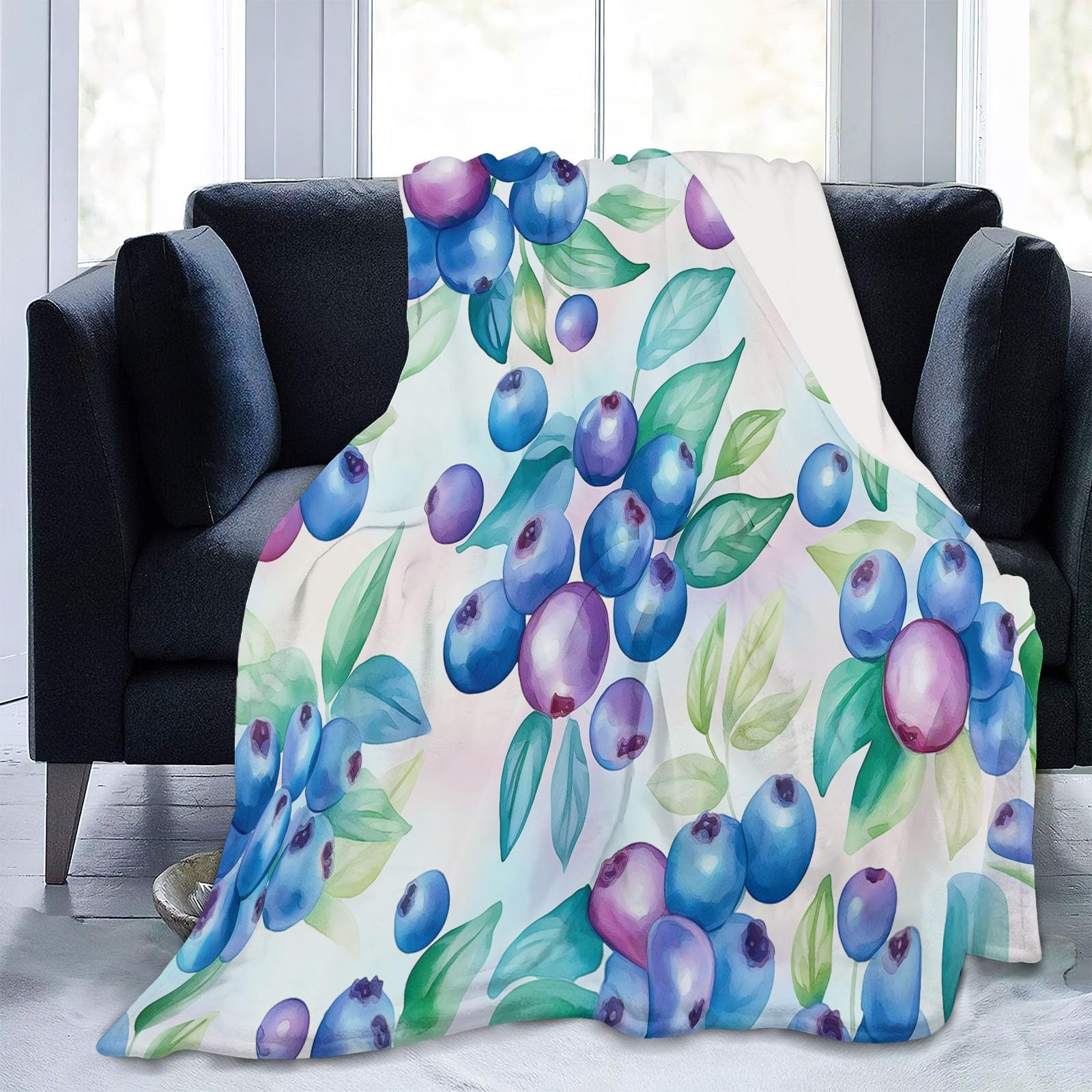 Manta Estampada 220 X 240 cálida Manta acogedora sofá Mantas Mantas de Arándanos y Hojas Coperta Microfibra Pelosa, per Letto Soggiorno Azul
