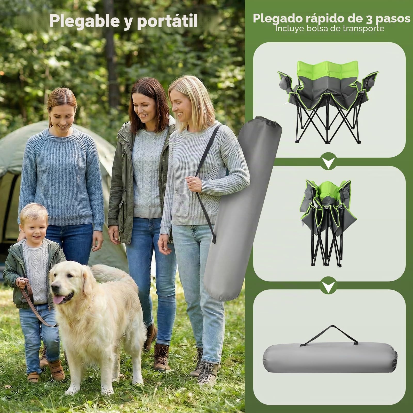 Silla de camping doble Rhyvorax para 2 adultos, sillas de camping plegables de alta resistencia con portavasos, silla de playa portátil para exteriores, jardín, picnic, pesca – Soporta 300kg (Verde +