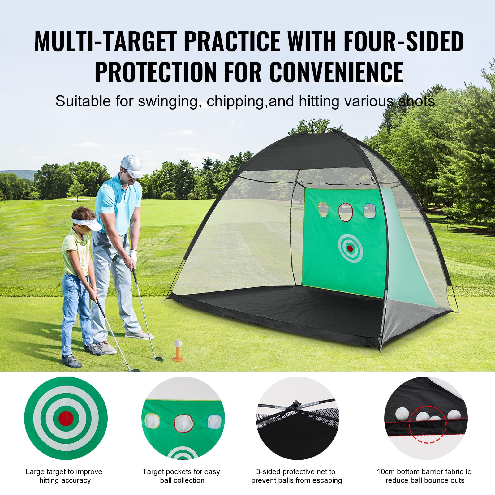 VEVOR Red de Golf, Red de Práctica Todo en 1 de 3080 x 1850 x 1970 mm, Entrenamiento de Swing de Golf en Interiores y Exteriores, Red de Ayuda para Golpear Golf con Objetivo/Alfombrillas de Césped