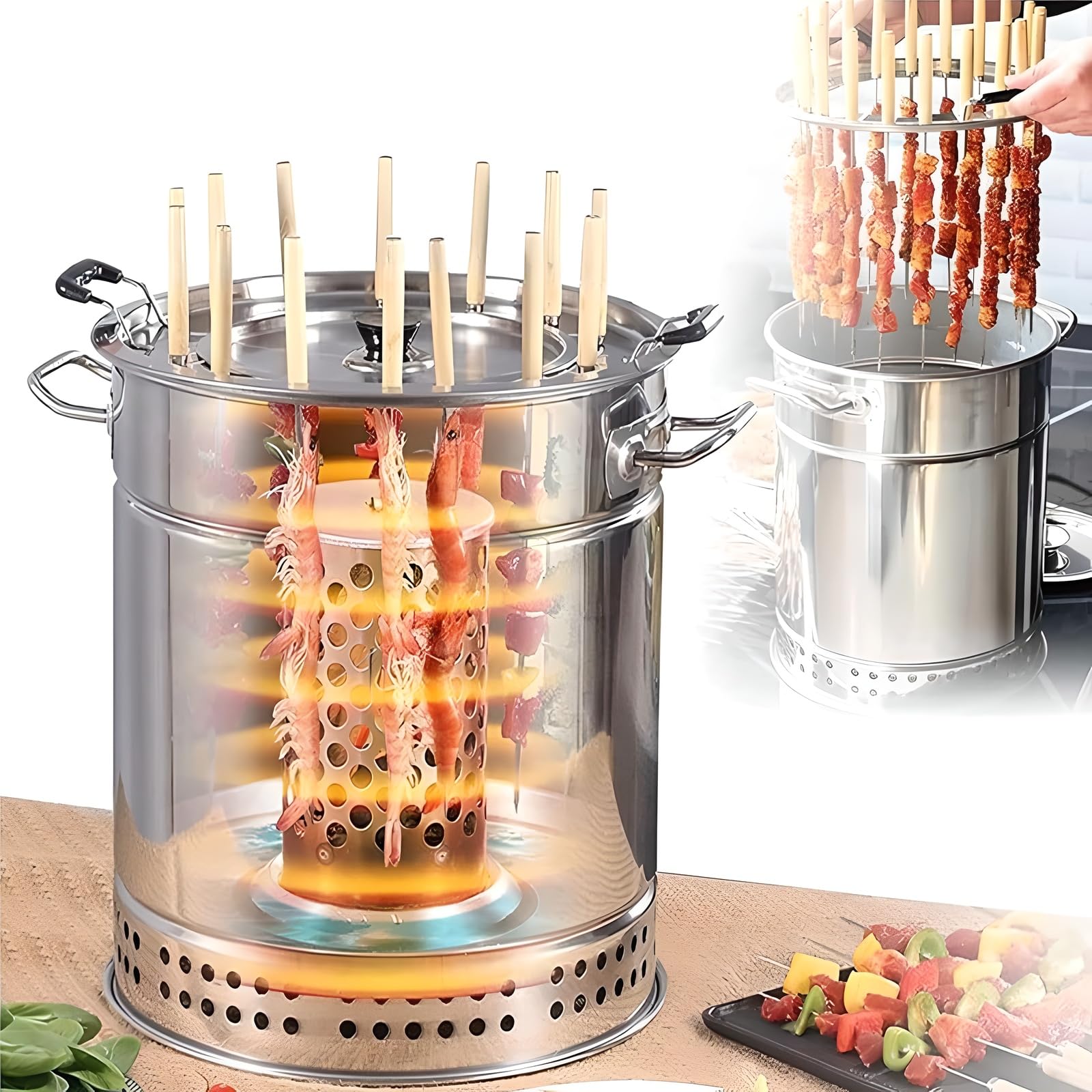 Barbecue portatile senza fumo con 50 spiedini in acciaio inox, arrosto a 360°, grande capacità per cucinare all'aperto, campeggio, picnic e spiaggia