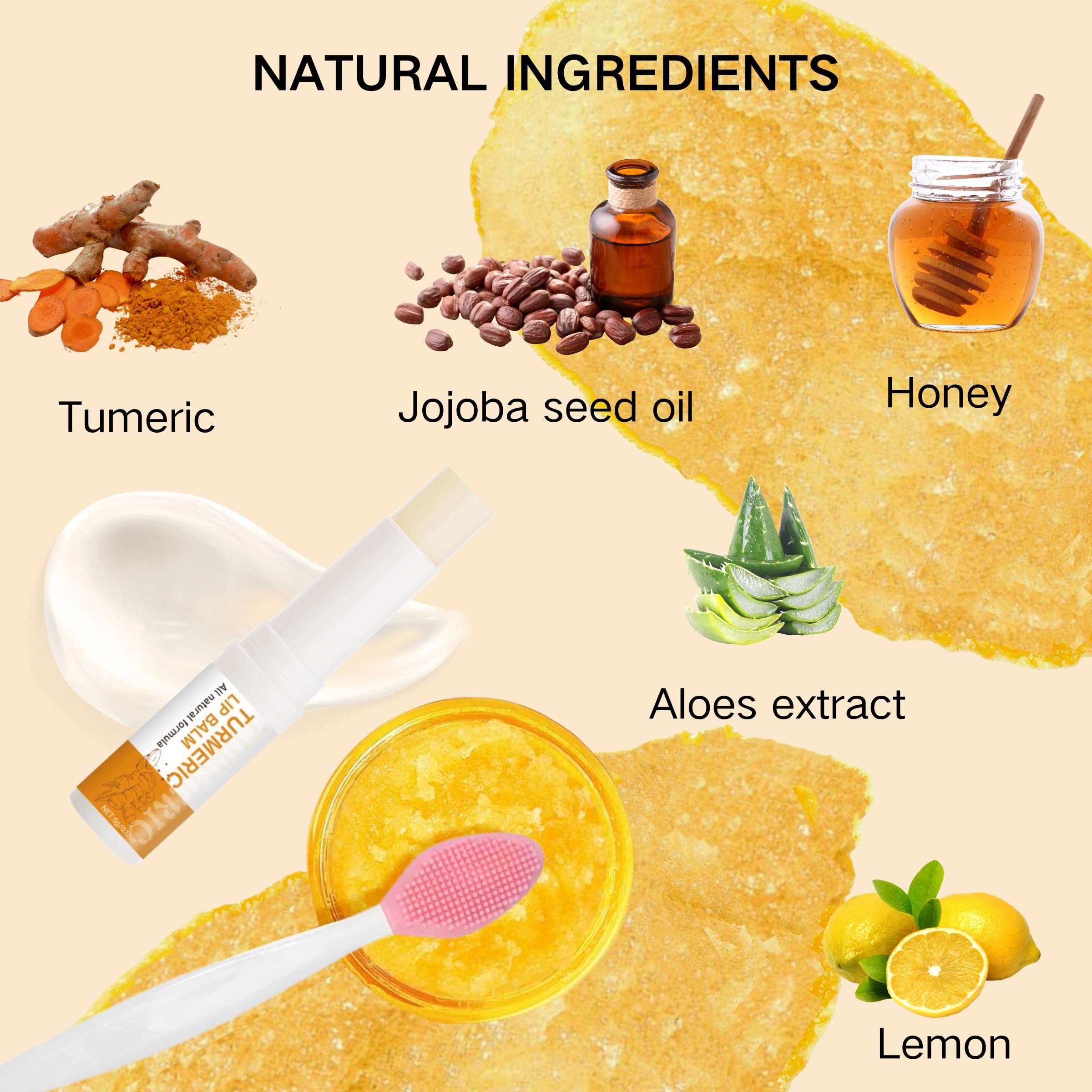 Exfoliante labial de cúrcuma y limón y bálsamo labial de cúrcuma con juego de pinceles, elimina las líneas finas de los labios, exfoliante de labios, exfoliante labial natural para labios secos 4