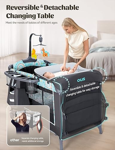 Miniatura 3 de CoziBB Moisés para bebé 5 en 1 con cambiador desmontable, empacar y jugar con colchón, almacenamiento, música y 3 alturas ajustables, corral grande