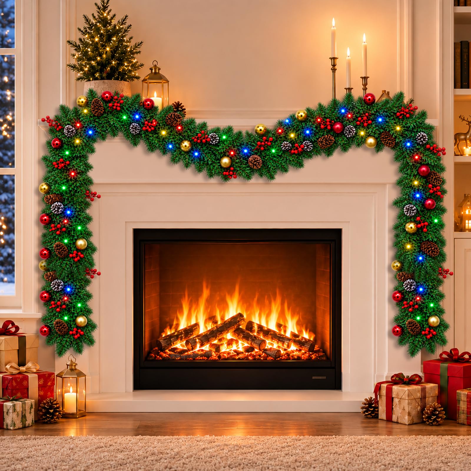 Ordfingo Christmas Garland with Lights, 9FT/2.7M Artificial Xmas Garland