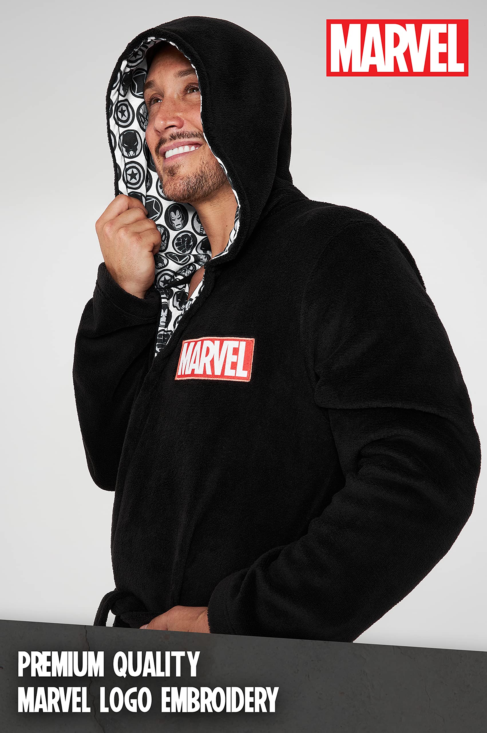 Marvel Szlafrok męski, puszysty, polarowy, szlafrok poranny, męski z kapturem, czarny, L