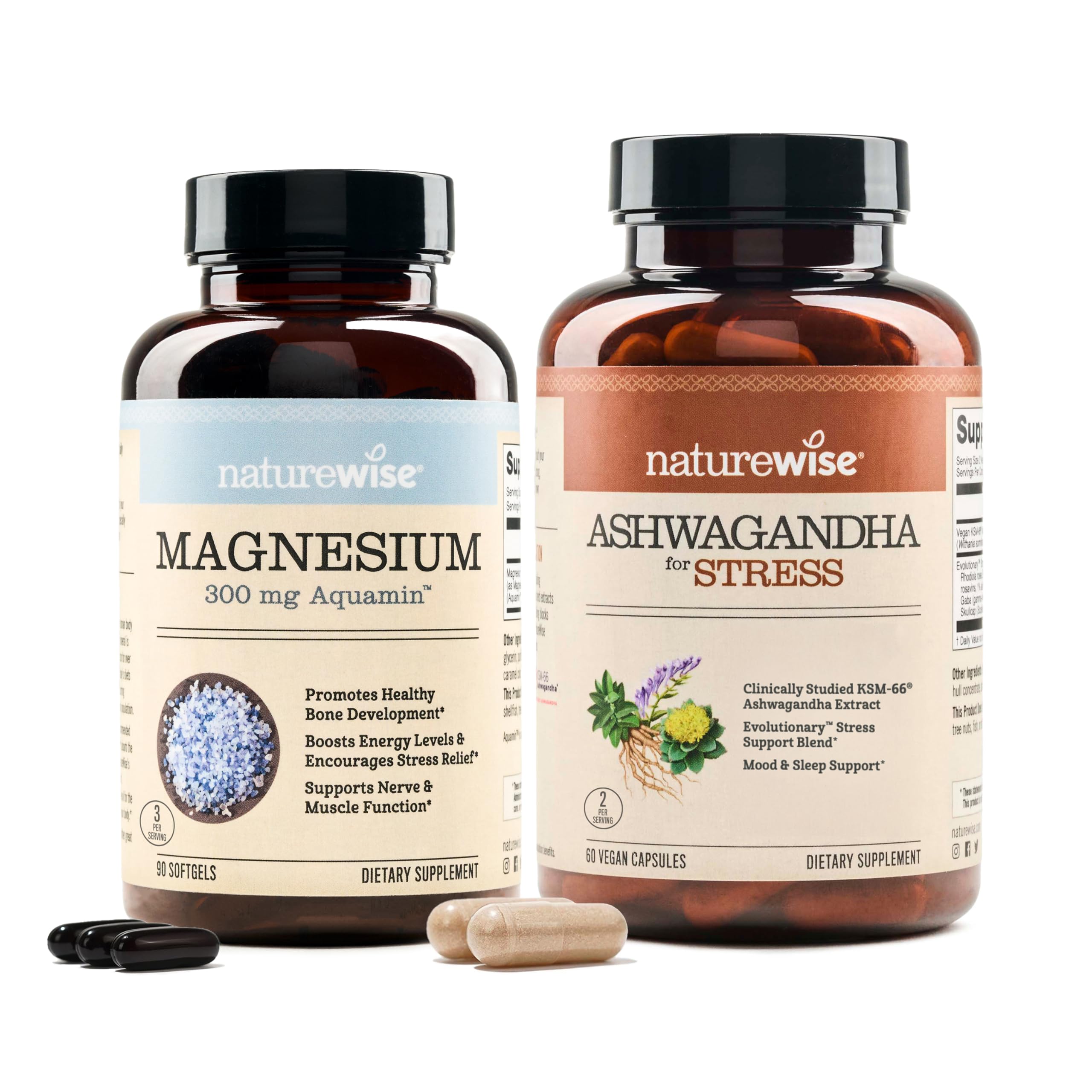 NatureWise [1] Marine Magnesium 300mg - Naturally Sourced Non-GMO - 90 Softgels[60-Day Supply] + [1] Ashwagandha for Stress + GABA & L-Theanine - 60 Capsules[30
