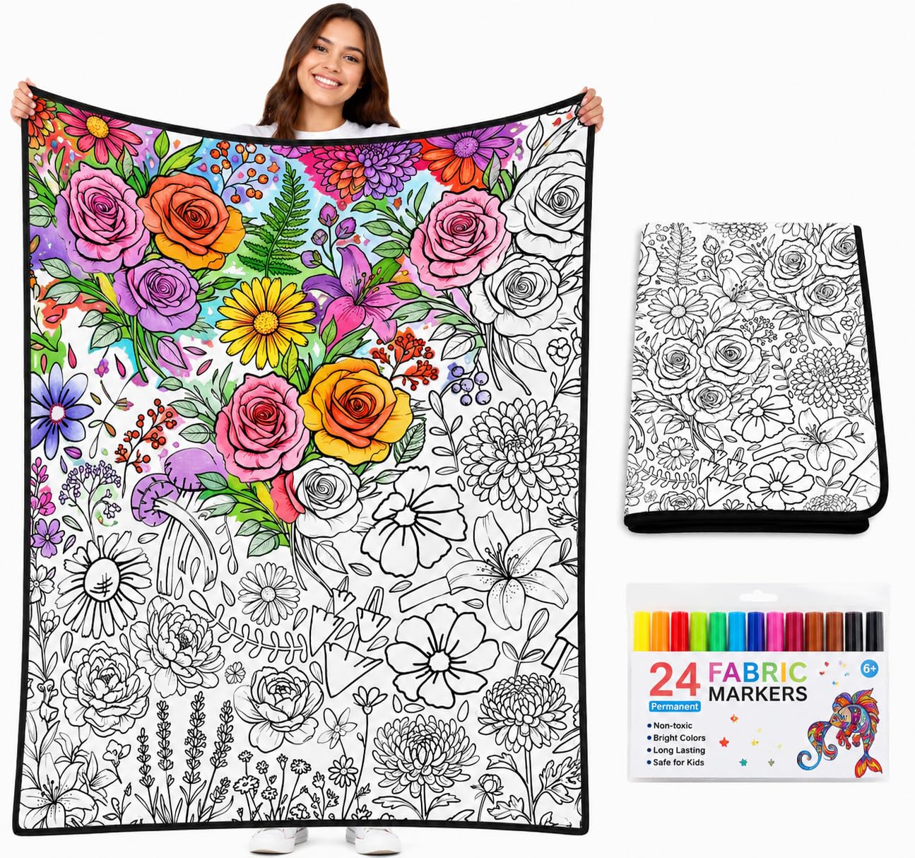 VEELU DIY Colouring Blanket with 24 Coloured Markers, Washable Colour-In Blankets for Adults, Sherpa Fleece Colouring Blanket Kit, Soft Fuzzy Velvet Creative Colour-In Throw Blanket (Flower) โ image 1