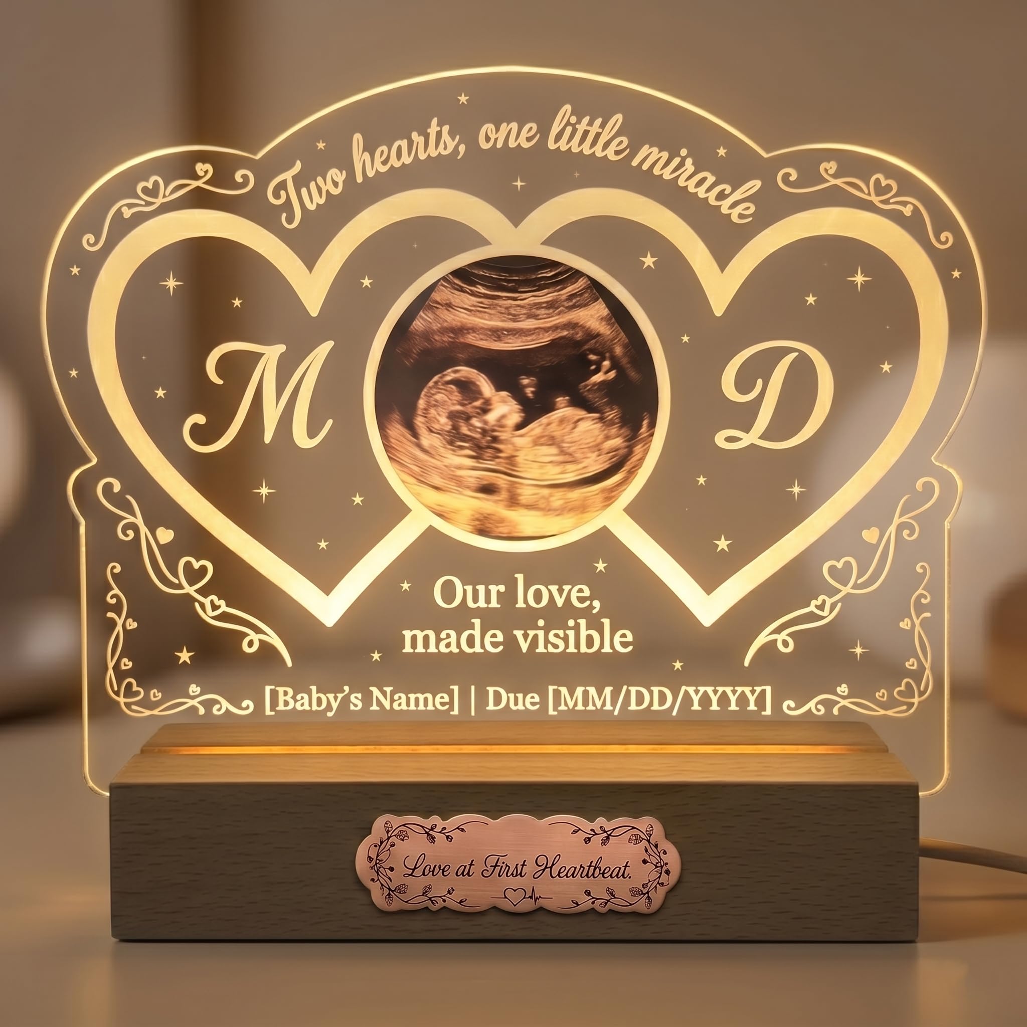 EternalEcho Personalised Baby Ultrasound Scan Picture Frame Night Light, Custom Acrylic Book Keepsake with Warm LED Wood Base, Unique Baby Shower for Expecting Parents Gift, Mum to Be & Nursery Decor