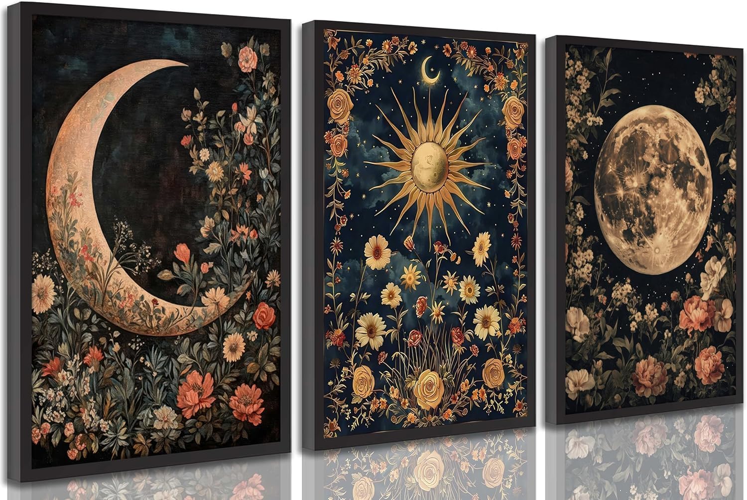 Lianyibo Frameless Sun And Moon Celestial Canvas Wall Art Vintage Gothic Mystical Crescent Floral Plant Dark Academia Painting Wall Decor(30X40x3/Frameless)