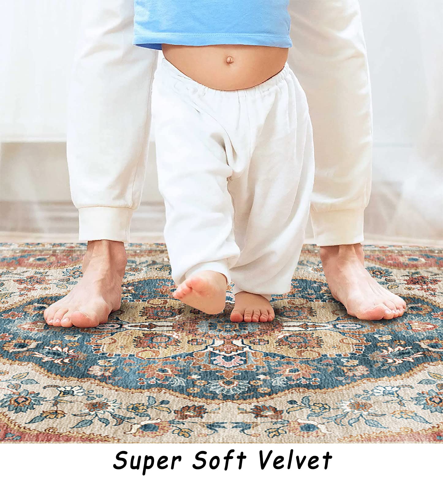 vivorug Washable Rug, Ultra Soft Area Rug 6x9, Non Slip Boho Rug Foldable, Stain Resistant Rugs for Living Room, Persian Tribal Medallion (Beige/Blue, 6'x9')