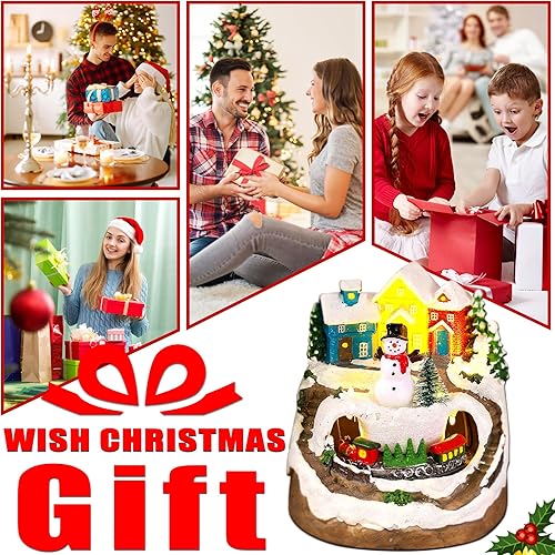 Miniatura 7 de Figuritas Musicales de Muñeco de Nieve de Resina para Aldea Navideña con Tren Giratorio, Luces LED, Estatuas Coleccionables, Decoración