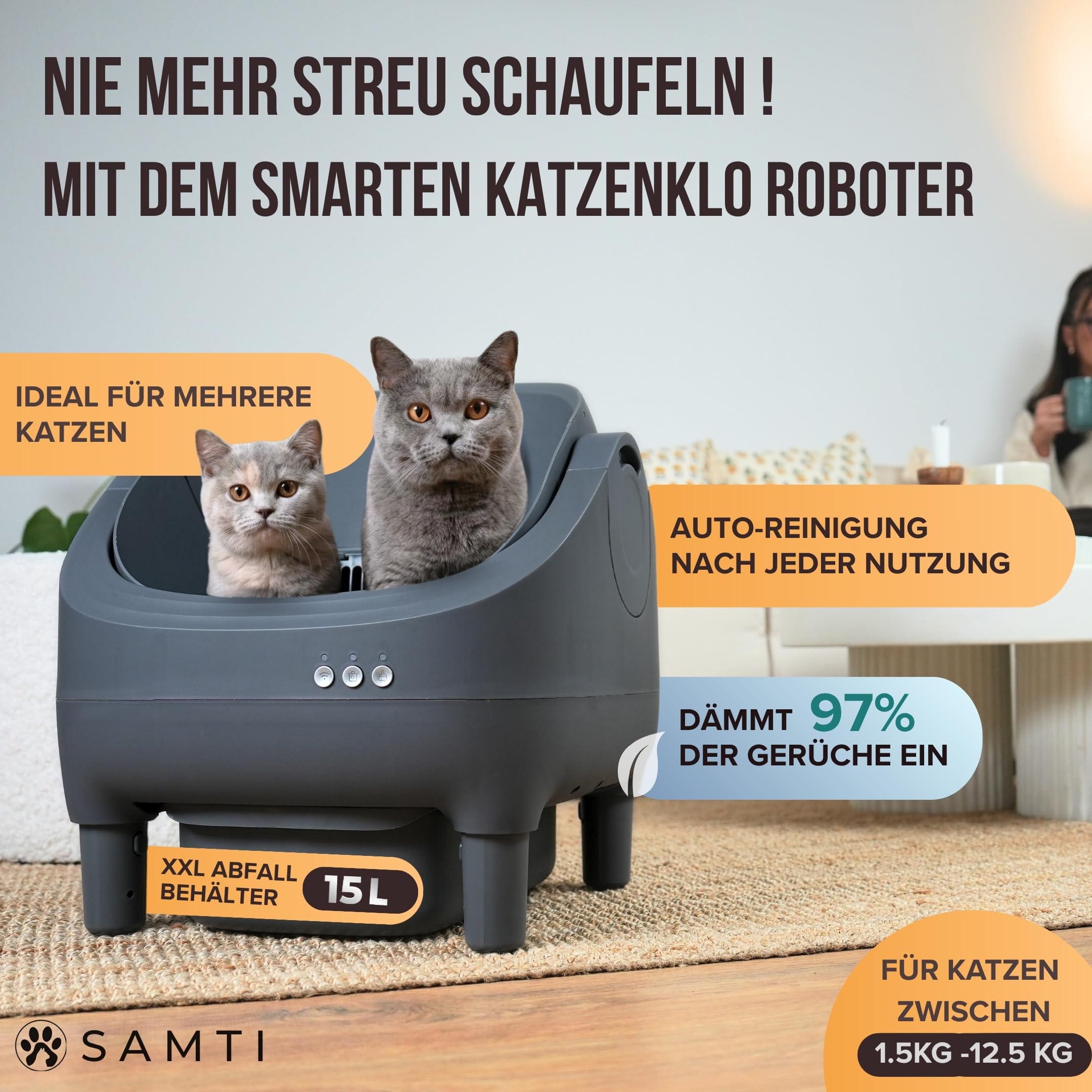 Katzenklo Selbstreinigend,15L XXL Behälter, Selbstreinigende Katzentoilette | SAMTI Klobot, für Mehrkatzen-Haushalte, Elektrisches Katzenklo groß & offen, automatisches Katzenklo XXL mit App Steuerung