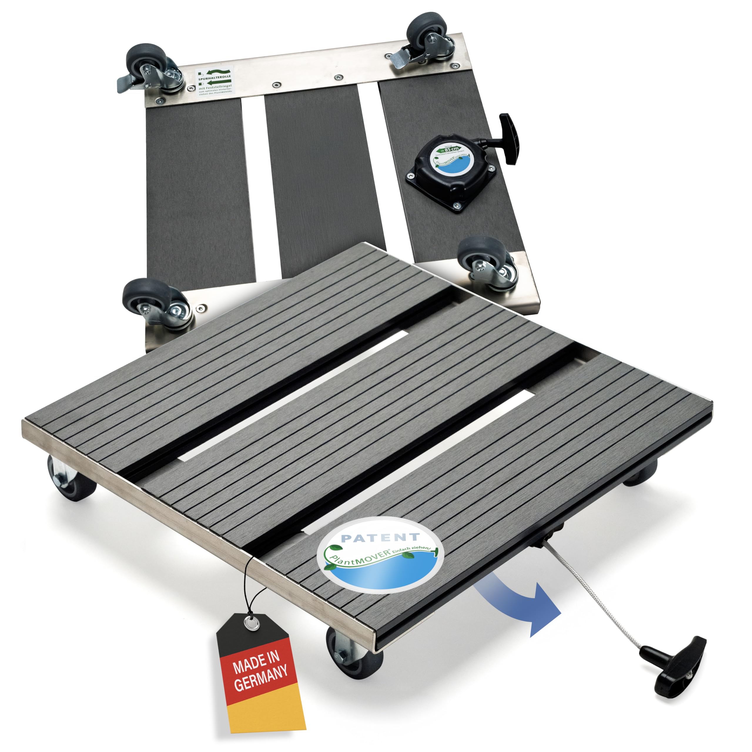 PlantMOVER Pflanzenroller mit Seilzug - 150kg Tragkraft 42x42cm – Edelstahl/WPC Pflanzenroller eckig mit robusten Rollen - Witterungsfestes Rollbrett für Pflanzen - Einfach ziehen, Made in Germany