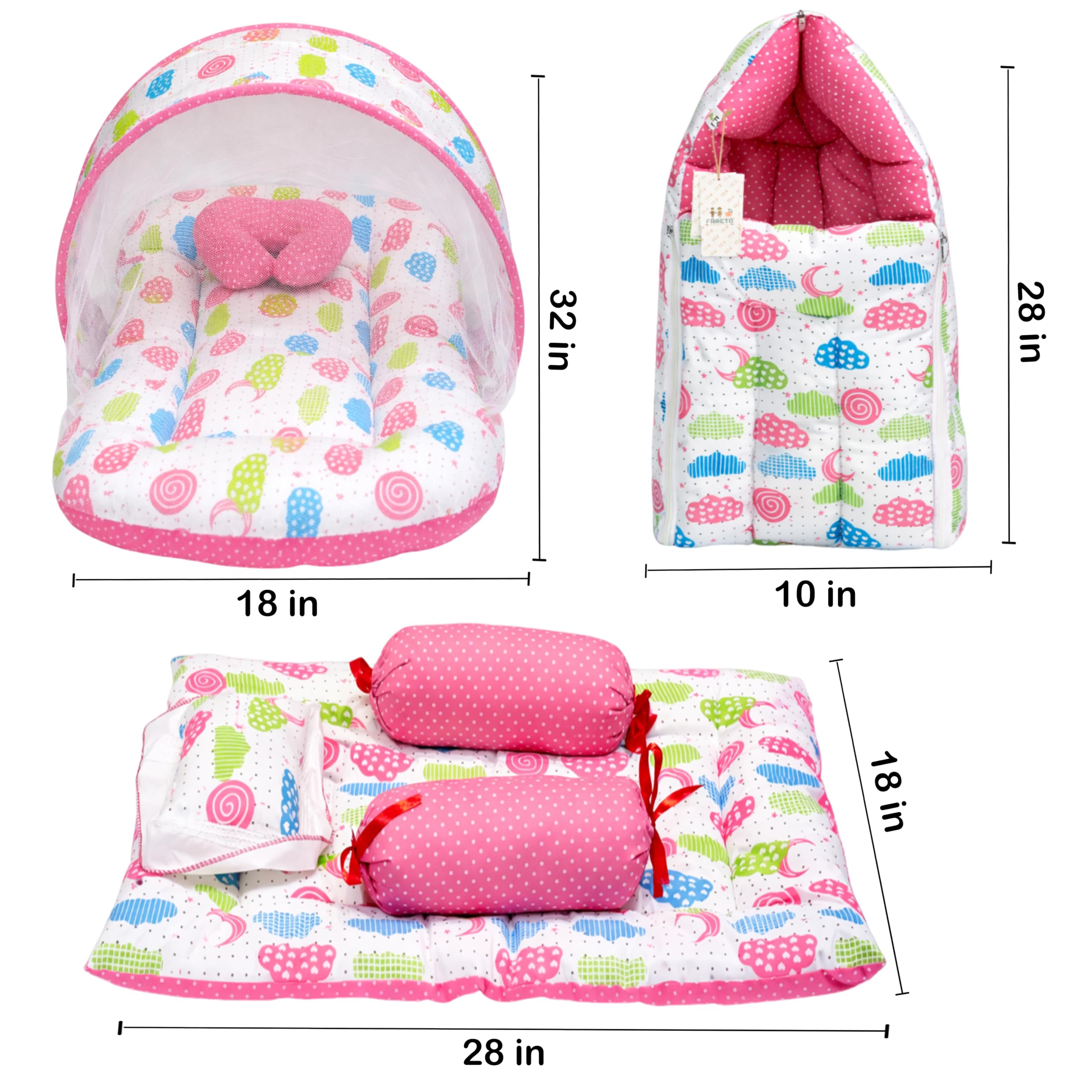Fareto Combo of Baby Bed with Net | Carry Bag | 4 Pcs Bedding Set (0-6 Months, Baby Size, Cotton) (Peach Sprial) 4