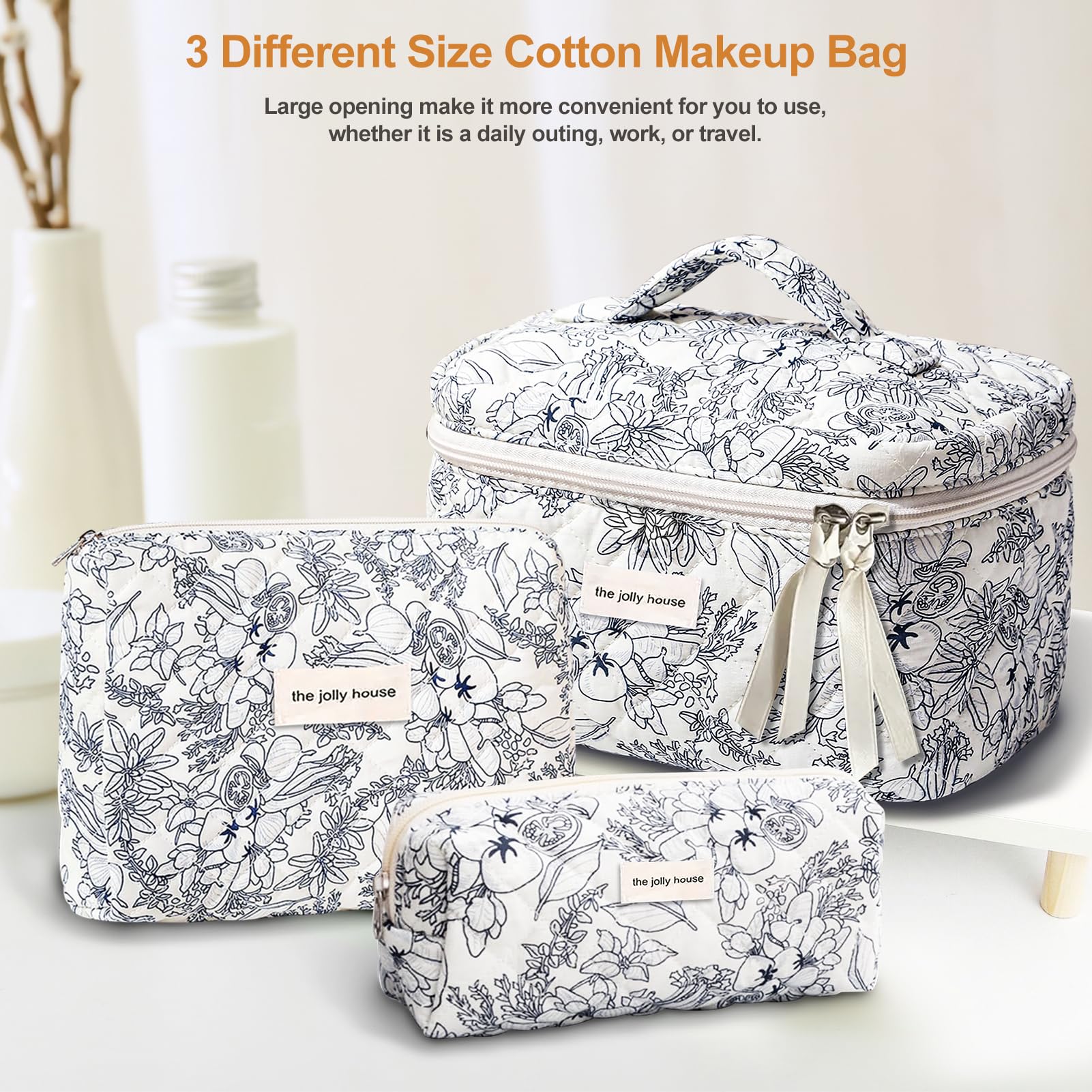 TOPALL Floral Cotton Quilted Makeup Bag - Classic Toiletry Cosmetic Pouch for Women Girls - Cyan Flower (Large + Medium + Pouch) - Image 3