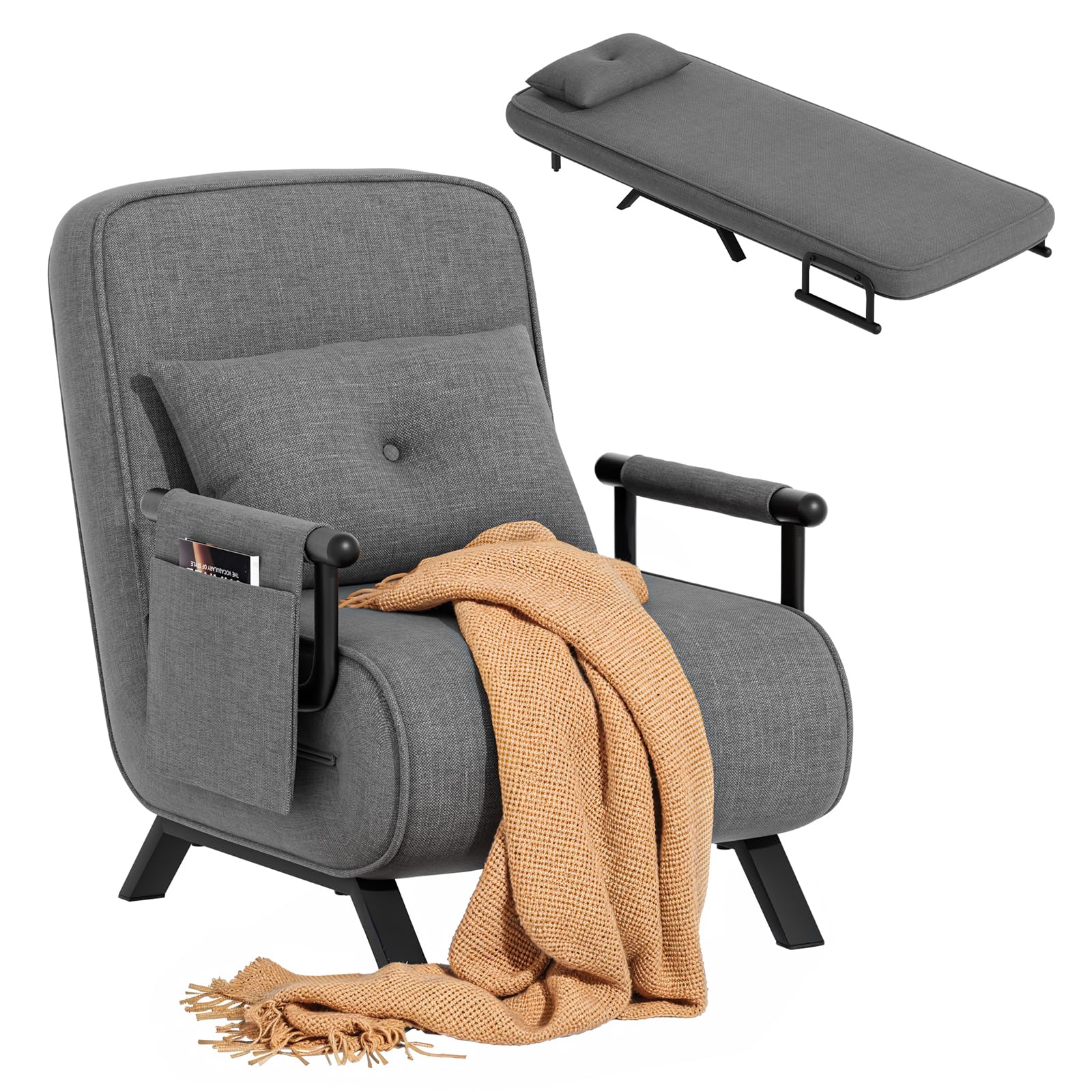 YOUDENOVA Schlafsessel 4 in 1 mit Bettfunktion, 150 kg belastbar, Schlafsofa mit 5-Fach Verstellbarer Rückenlehne, Sofa mit Aufhängetasche, Schlafcouch, Gästebett, Klappsofa, 184 × 63 cm, Dunkelgrau