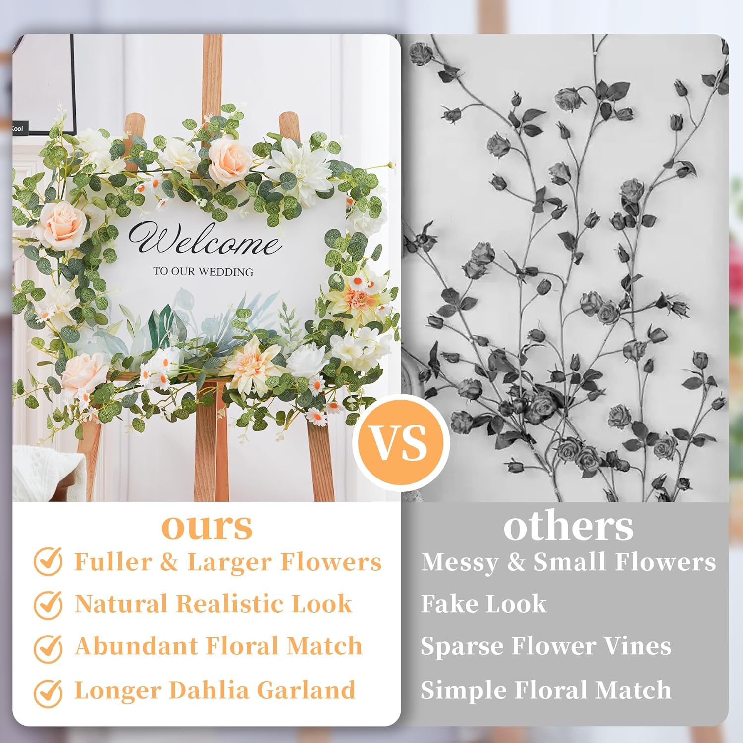 1 Pack Artificial Champagne Flower Garland Decor, 6.07Ft Fake Rose Hydrangeas Vines Hanging,Eucalyptus Garlands with Dahlia Floral Garland for Birthday Wedding Table Centerpieces Decorations - Image 6