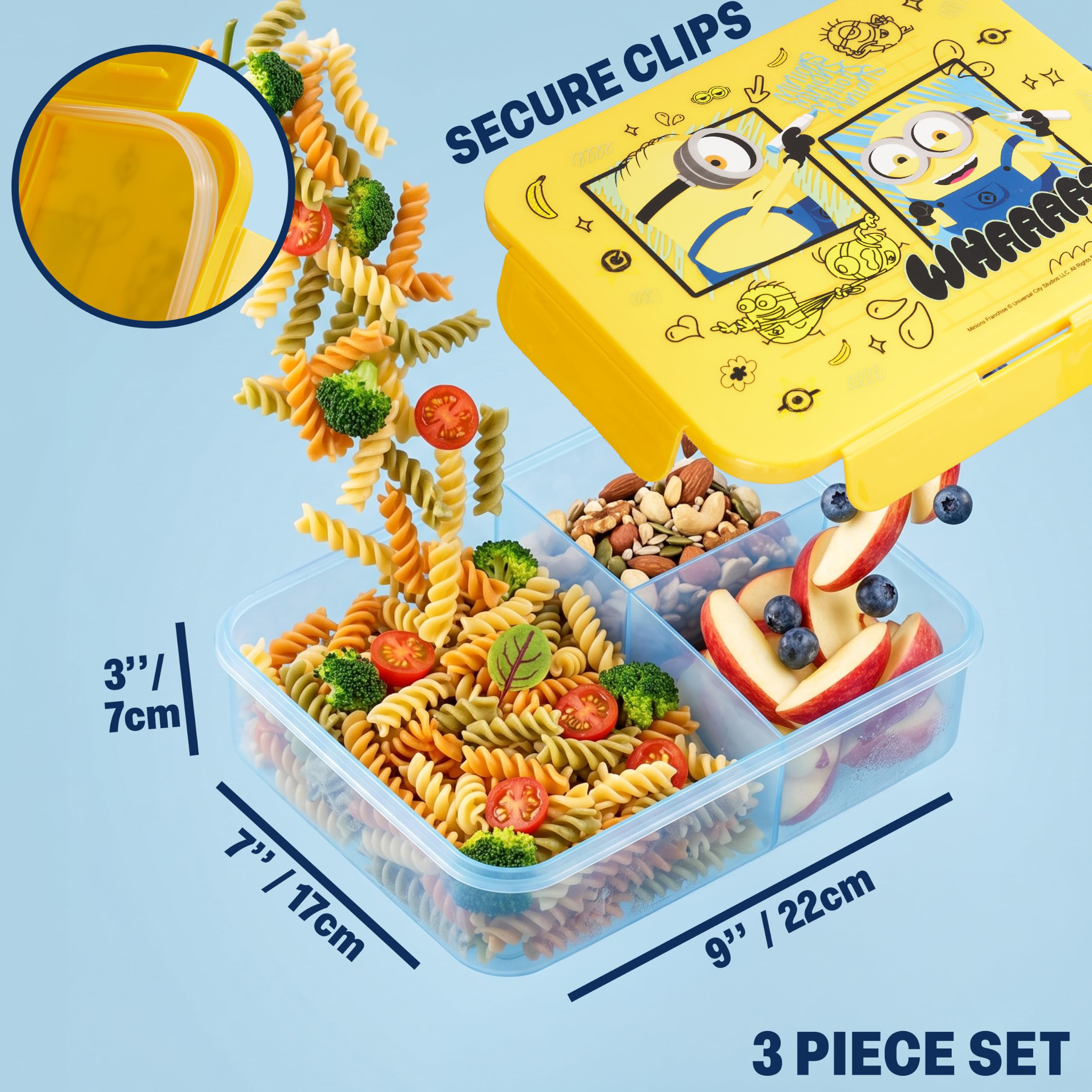 Get Trend Minions Set Porta Pranzo Bambini, 3 Pezzi Borsa Termica Porta Pranzo, Bento Box e Senza BPA Borraccia Bambini, Regalo Ragazzo (Giallo/Blu Minions)