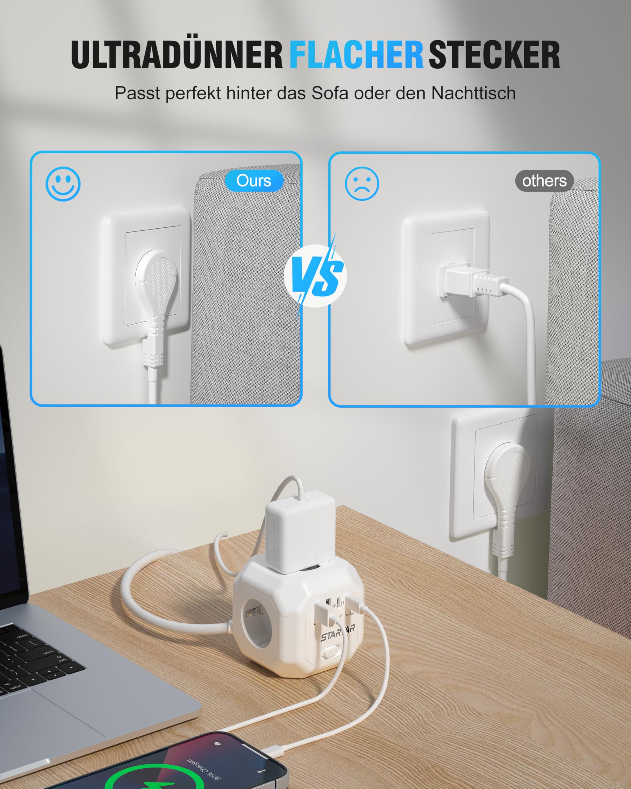 Listwa zasilająca Cube z 4 gniazdami wtykowymi, z gniazdem USB, 4000 W, adapter do gniazd, 2 m, przedłużacz, listwa zasilająca, ochrona przed przepięciem, do biura