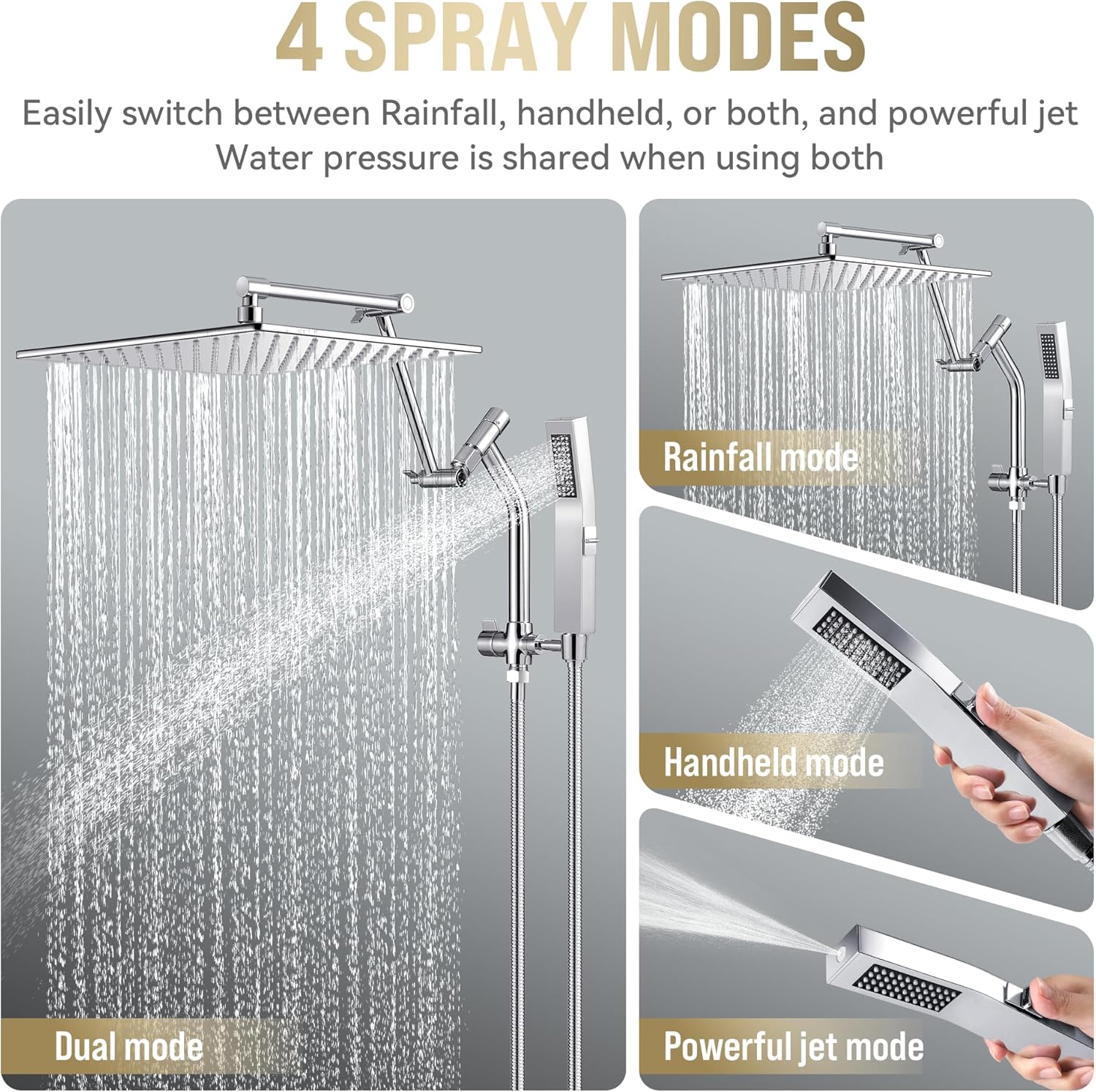 All Metal 12 Inch Rain Shower Head with Handheld Built-in Power Wash Mode, High Pressure Waterfall Rainfall Square Shower Heads with 16" Adjustable Extension Arm, Dual Showerhead(Chrome)