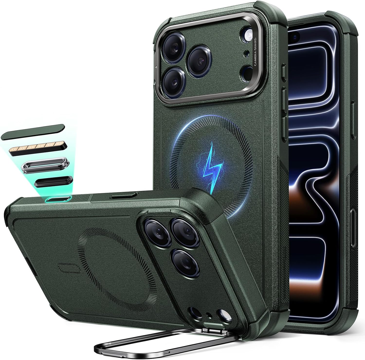 esr for iphone 17 pro max case with stash stand, 7x military-grade drop protection with camera control, shock-absorbing phone rugged cover, compatible with magsafe accessories, cyber series, green iphone 17 pro max a-camera control-green