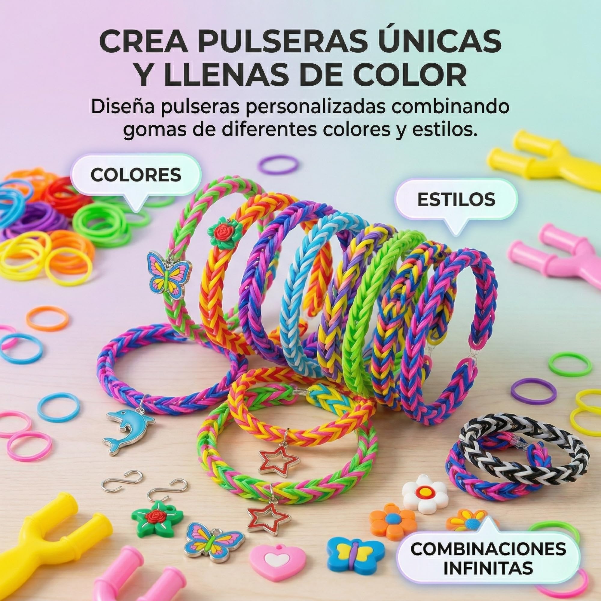 Kit gomas para hacer pulseras de 2000 piezas | Kit pulseras de 24 colores ideal para niña con abalorios y herramientas | Set creativo con cuentas para hacer pulseras, manualidades y regalo original - 3