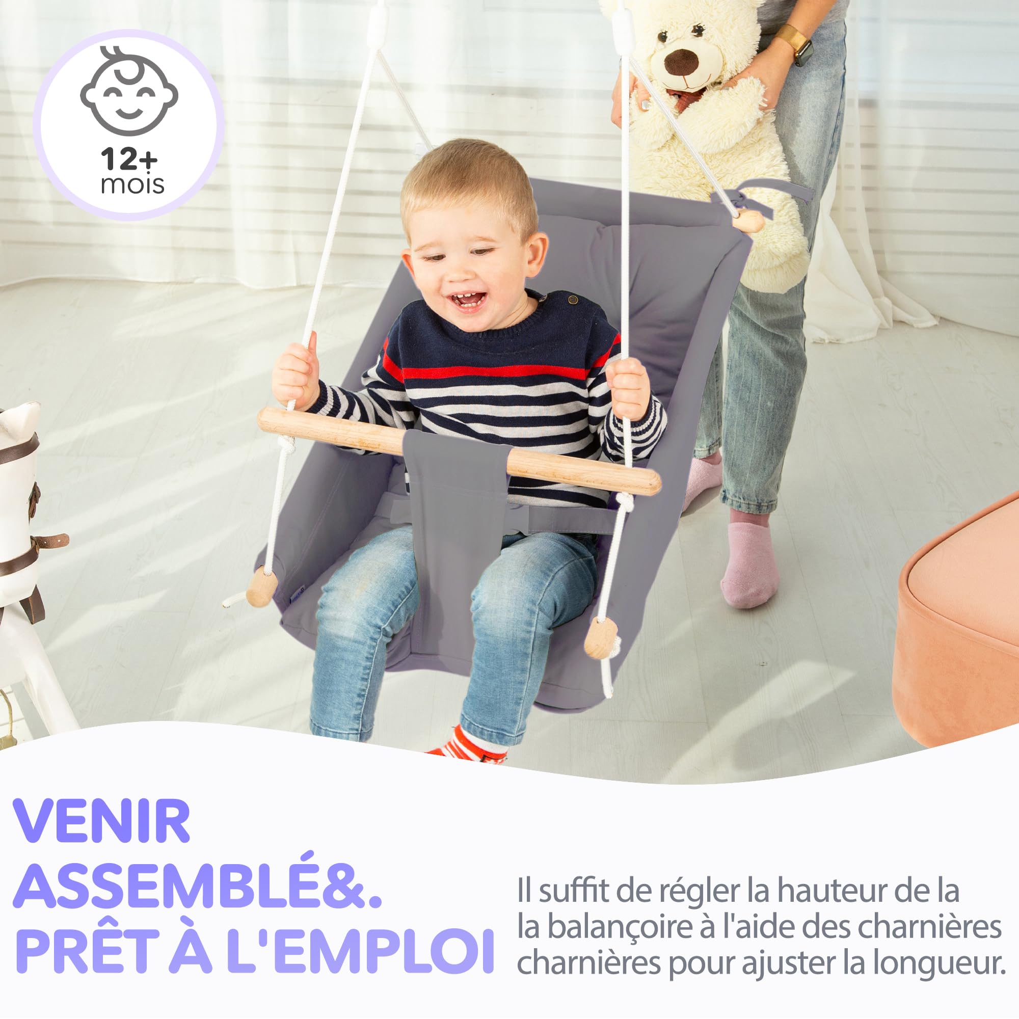 Balançoire pour bébé en Toile par Cateam - Gris - Siège de balançoire Suspendu en Bois pour bébé avec Ceinture de sécurité et matériel de Montage. Cadeau d'anniversaire de Chaise bébé hamac.