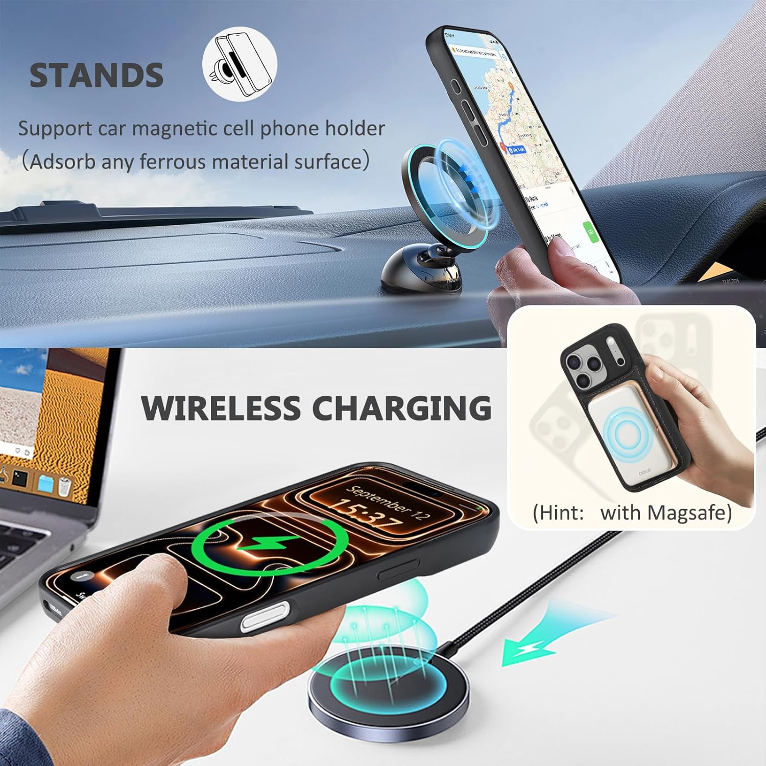 for iPhone 17 Pro Max Wallet Case, Detachable Magnetic Phone Case,Faux Leather Strap Wallet,with RFID Blocking,Zipper Card Holder,Shoulder Straps (Black)