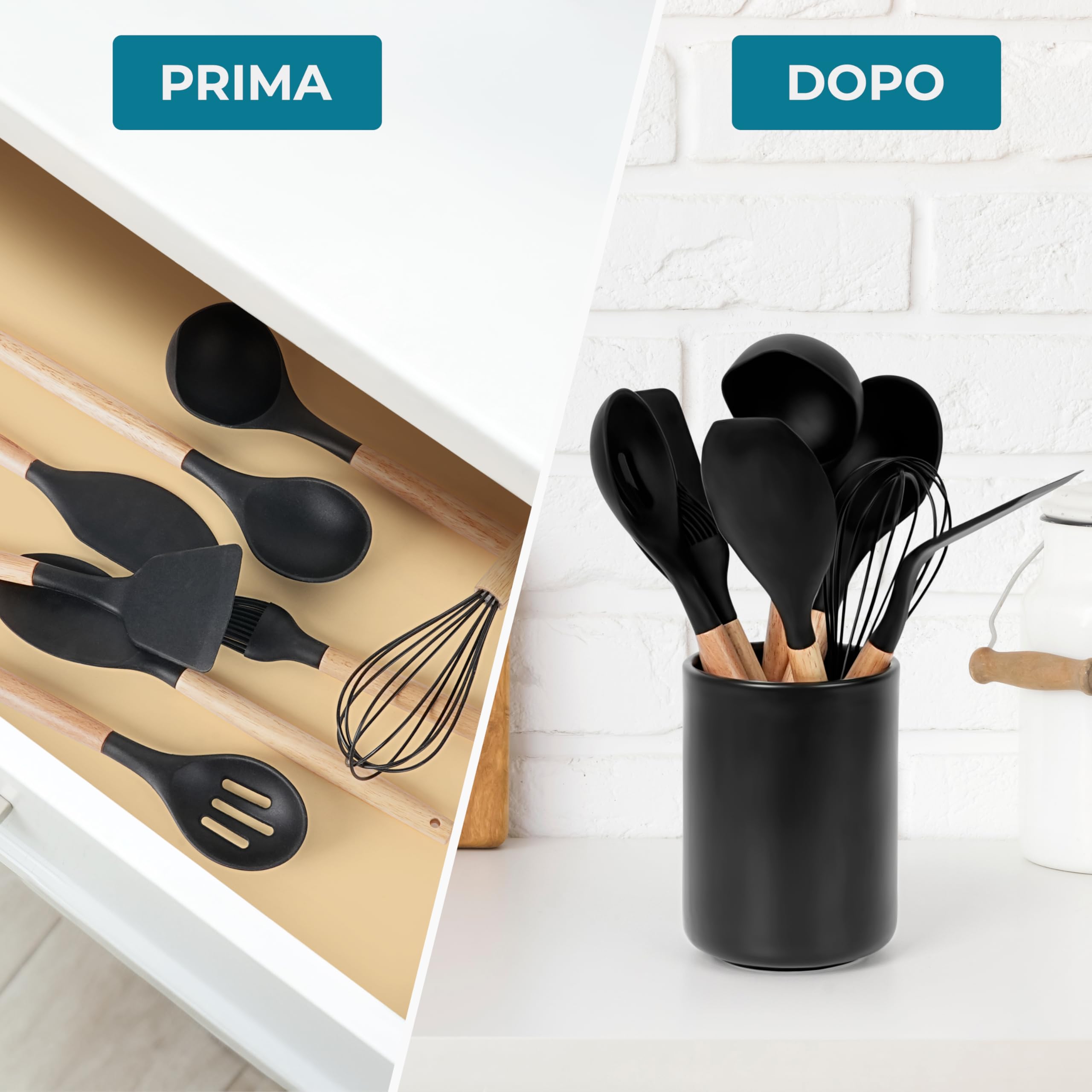 Winter Shore Portautensili da Cucina Grande - Porta Posate in Ceramica - Grande Porta Coltelli e Forchette - Organizzatore Utensili Nero per il Bancone della Cucina