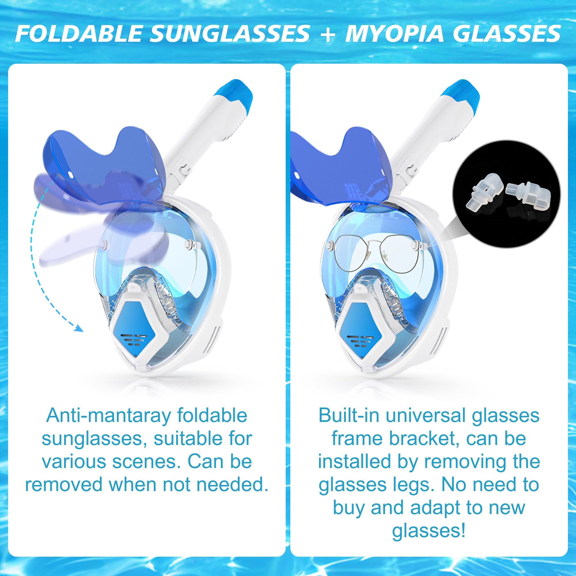 Devilfish - Máscara de esnórquel de cara completa para adultos, sistema de parte superior seca con gafas de sol plegables, equipo de esnórquel de visión panorámica de 180 grados, máscaras de
